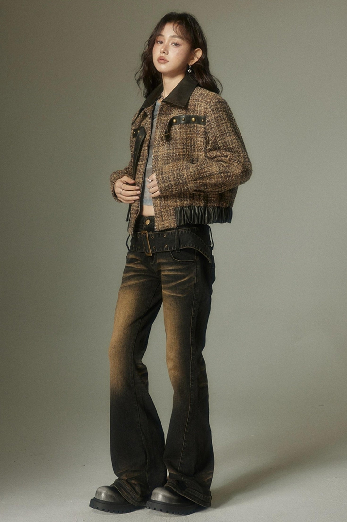 DIDDI MODA Washed Gradient Flared Jeans With Wide Belt