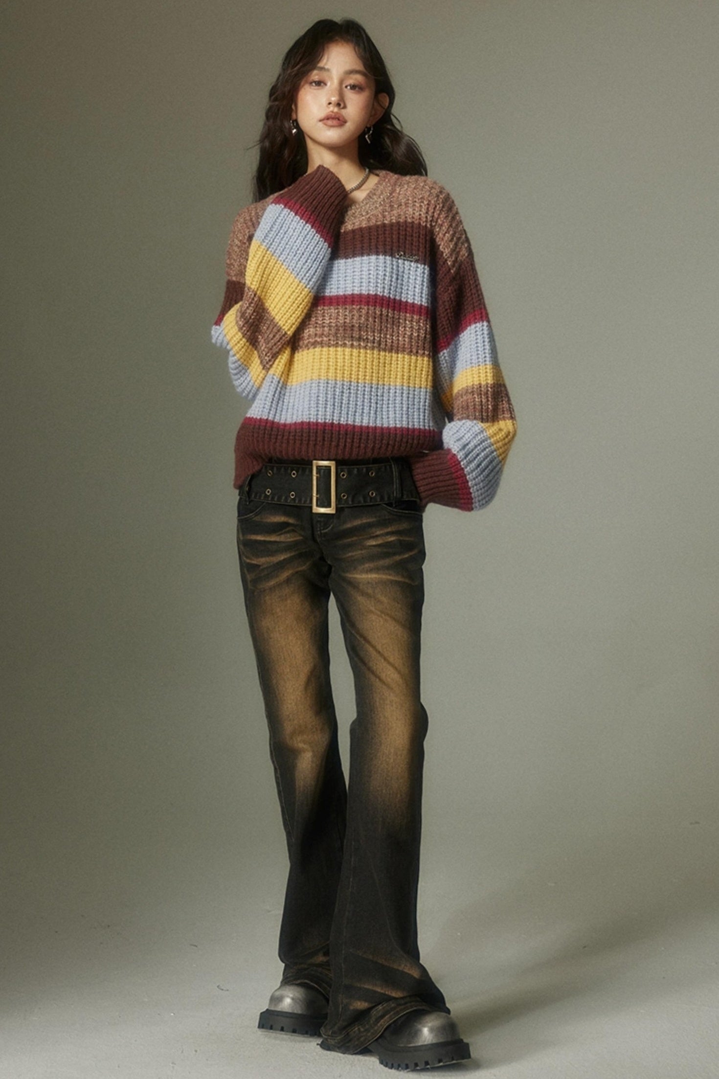 DIDDI MODA Washed Gradient Flared Jeans With Wide Belt