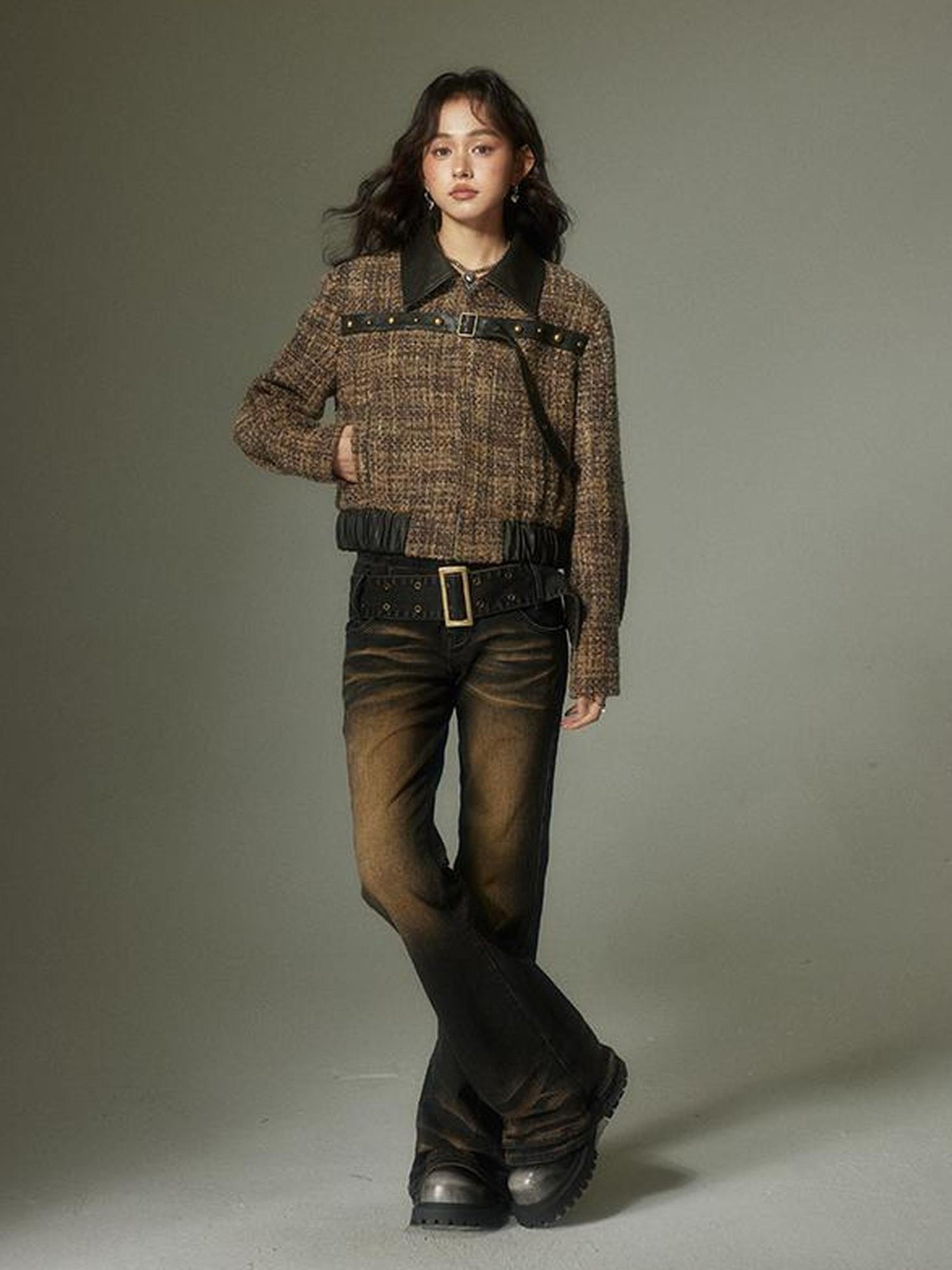 DIDDI MODA Washed Gradient Flared Jeans With Wide Belt