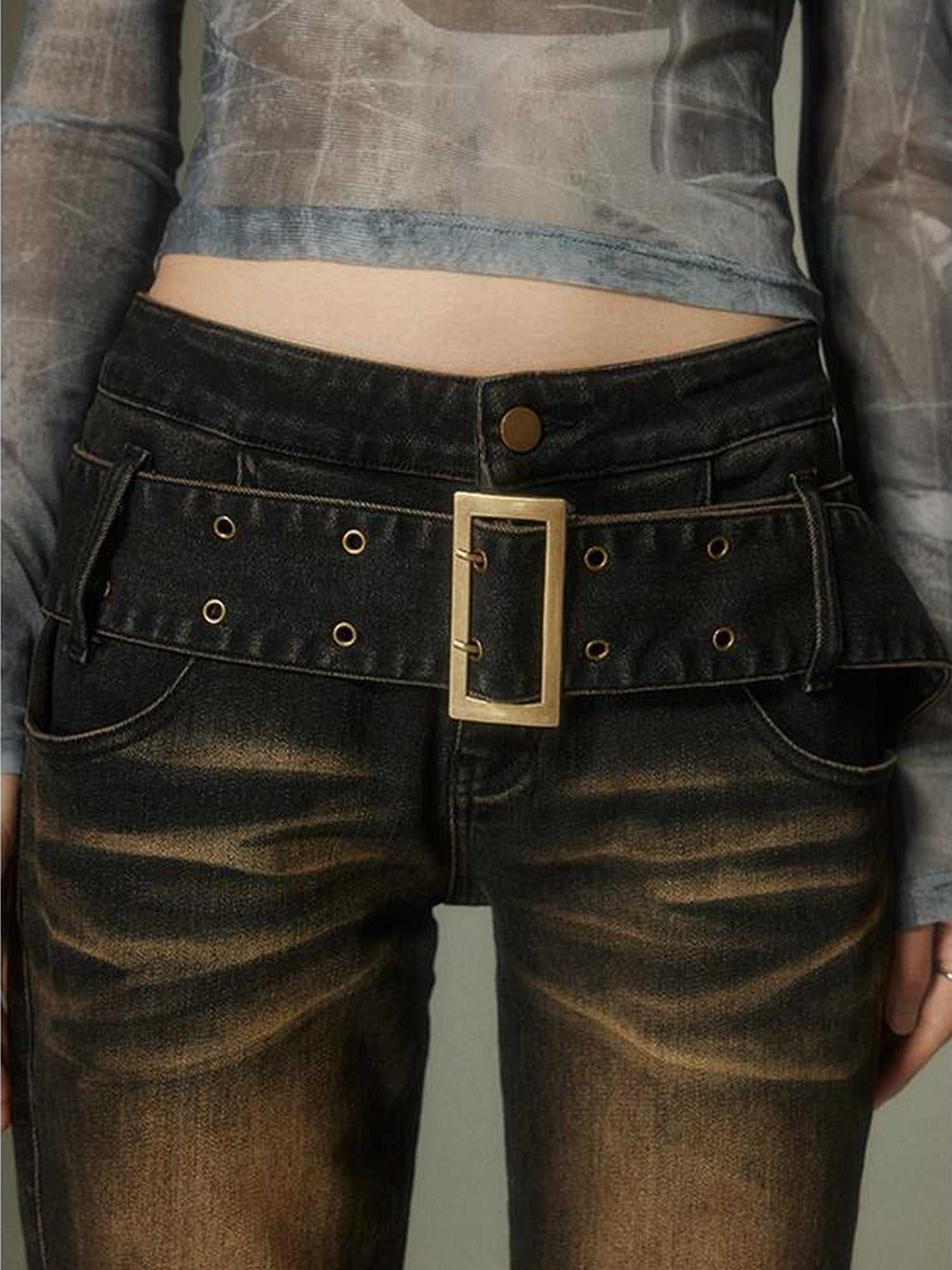 DIDDI MODA Washed Gradient Flared Jeans With Wide Belt