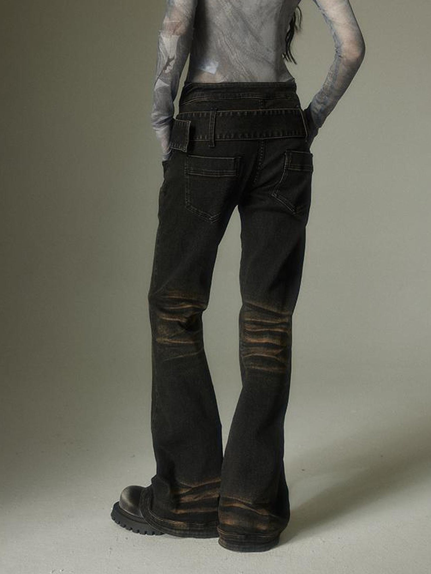 DIDDI MODA Washed Gradient Flared Jeans With Wide Belt