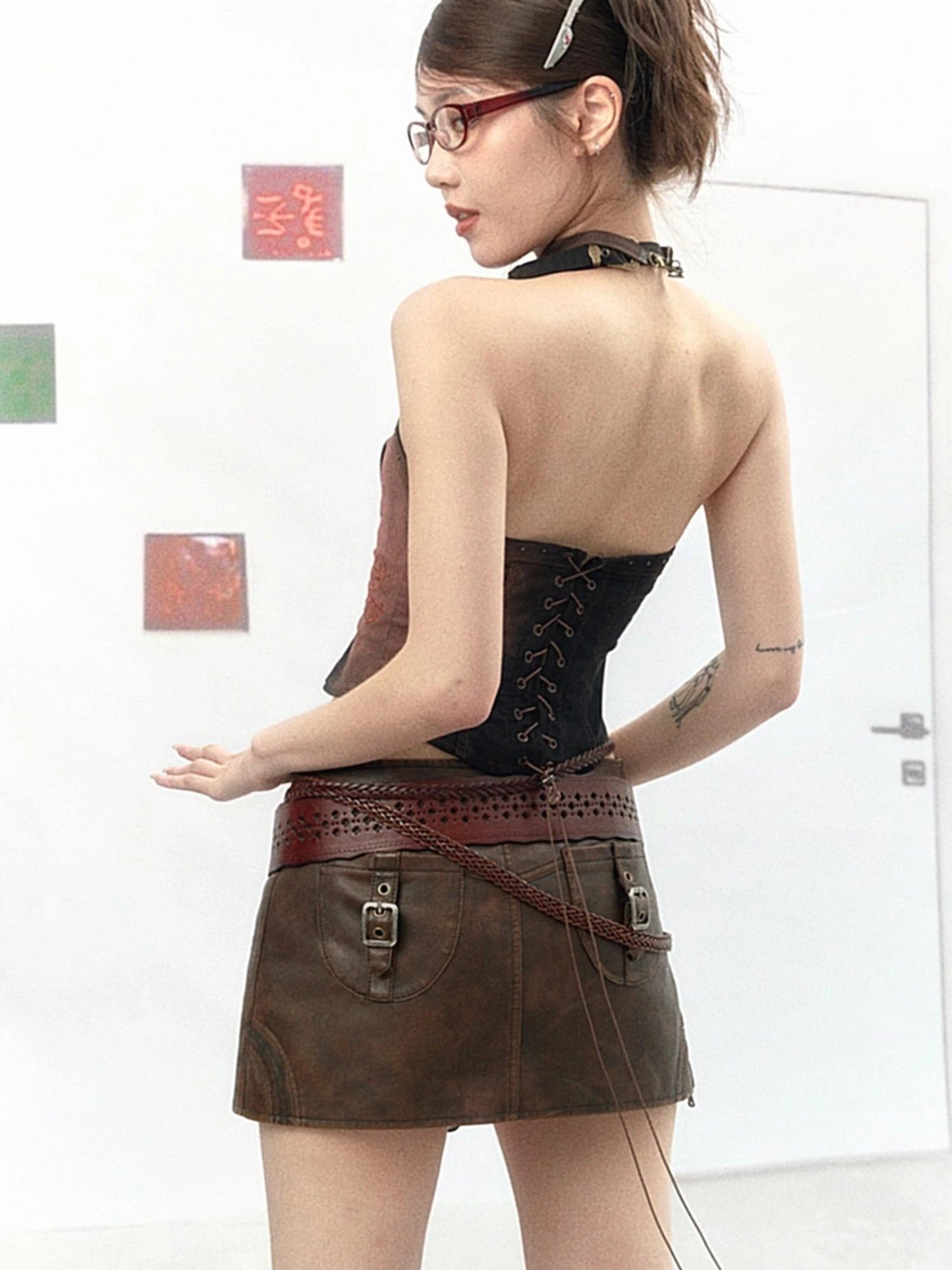 Washed Stitching Embroidered Leather Skirt