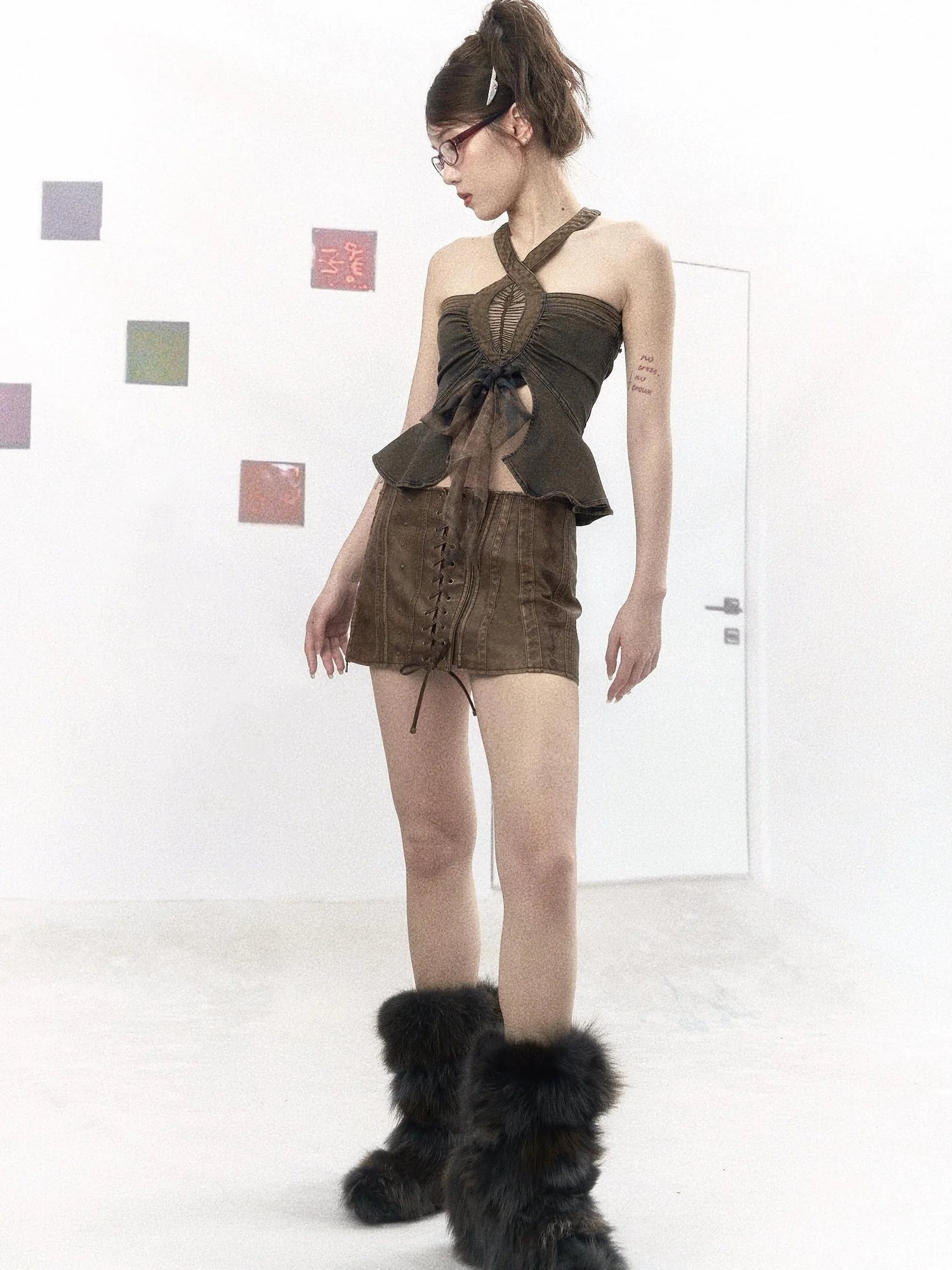 Washed Stitching Embroidered Leather Skirt