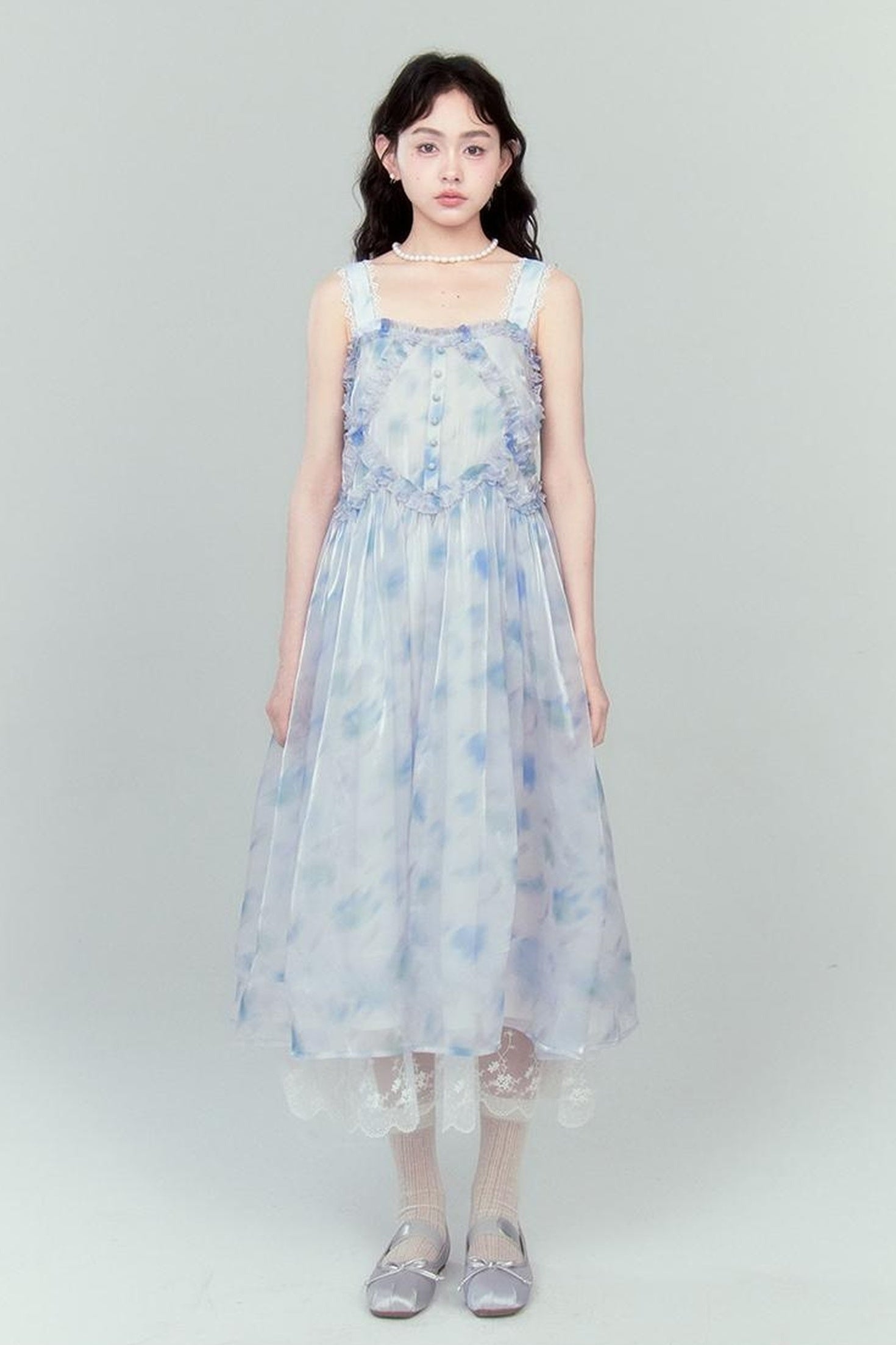 DIDDI MODA Watercolor Print Blue Strapless Sundress