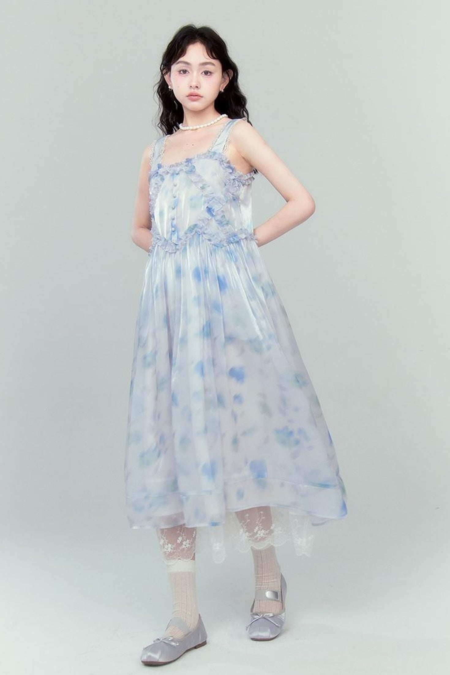 DIDDI MODA Watercolor Print Blue Strapless Sundress