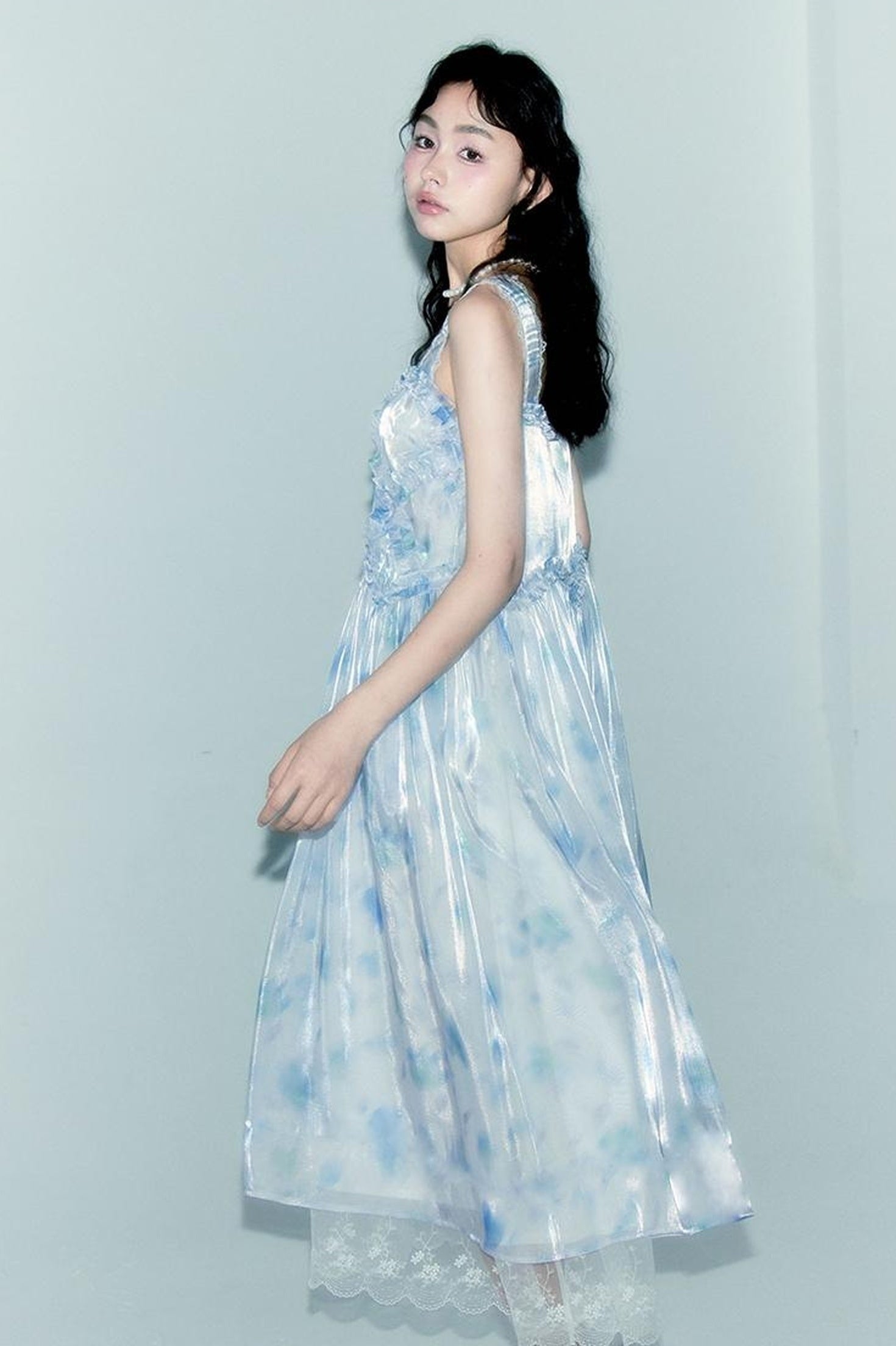 DIDDI MODA Watercolor Print Blue Strapless Sundress