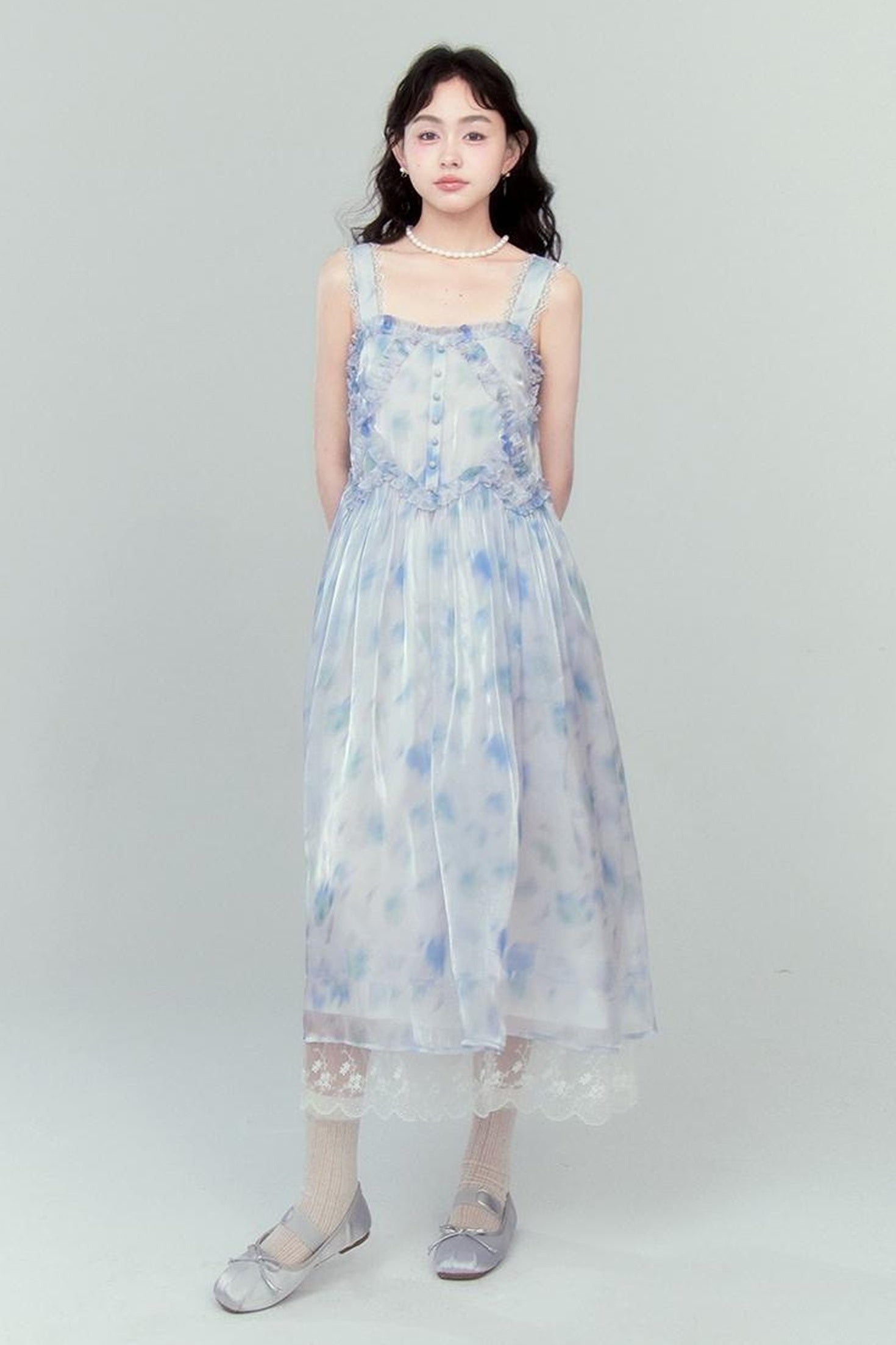 DIDDI MODA Watercolor Print Blue Strapless Sundress