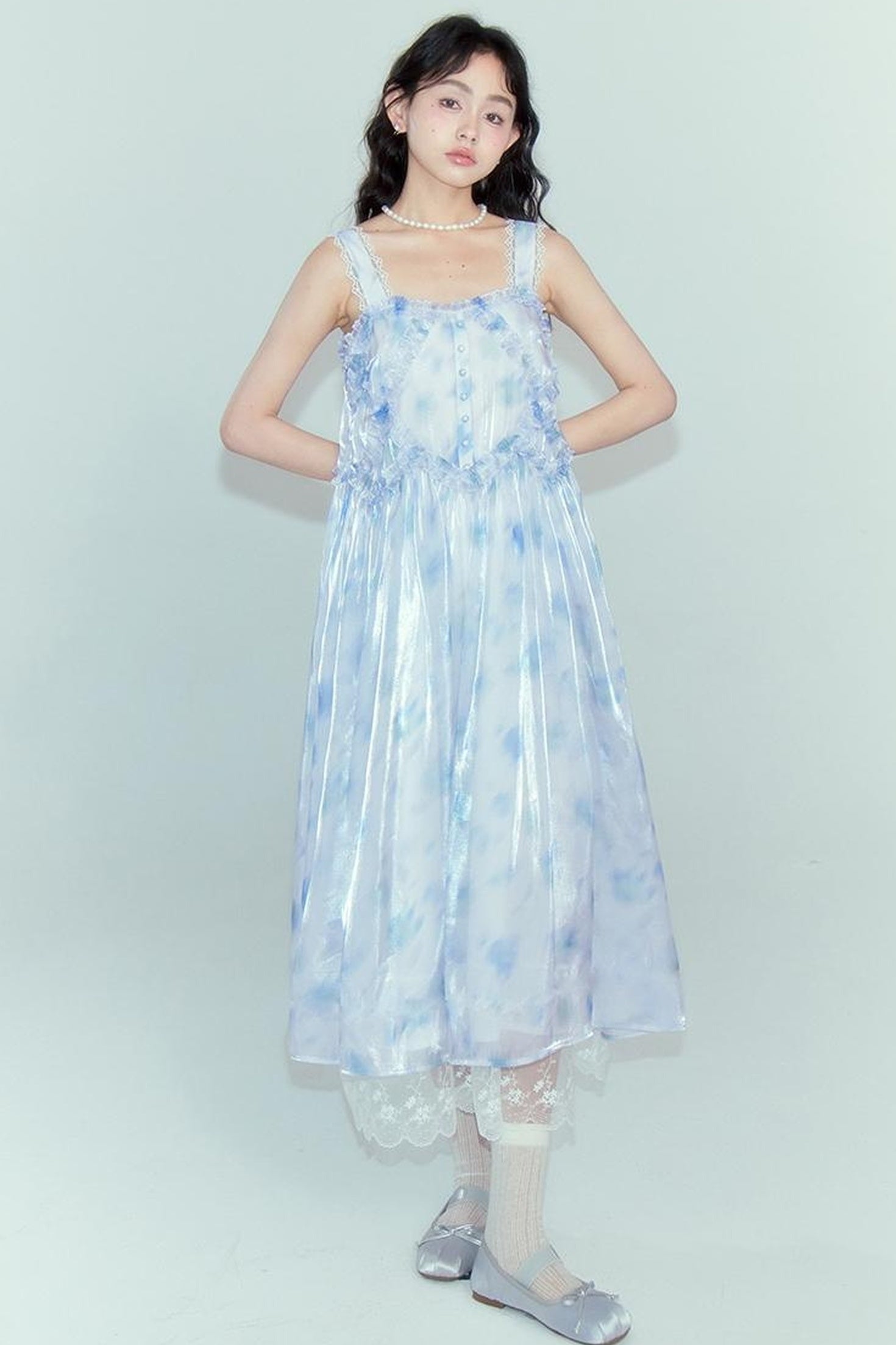 DIDDI MODA Watercolor Print Blue Strapless Sundress