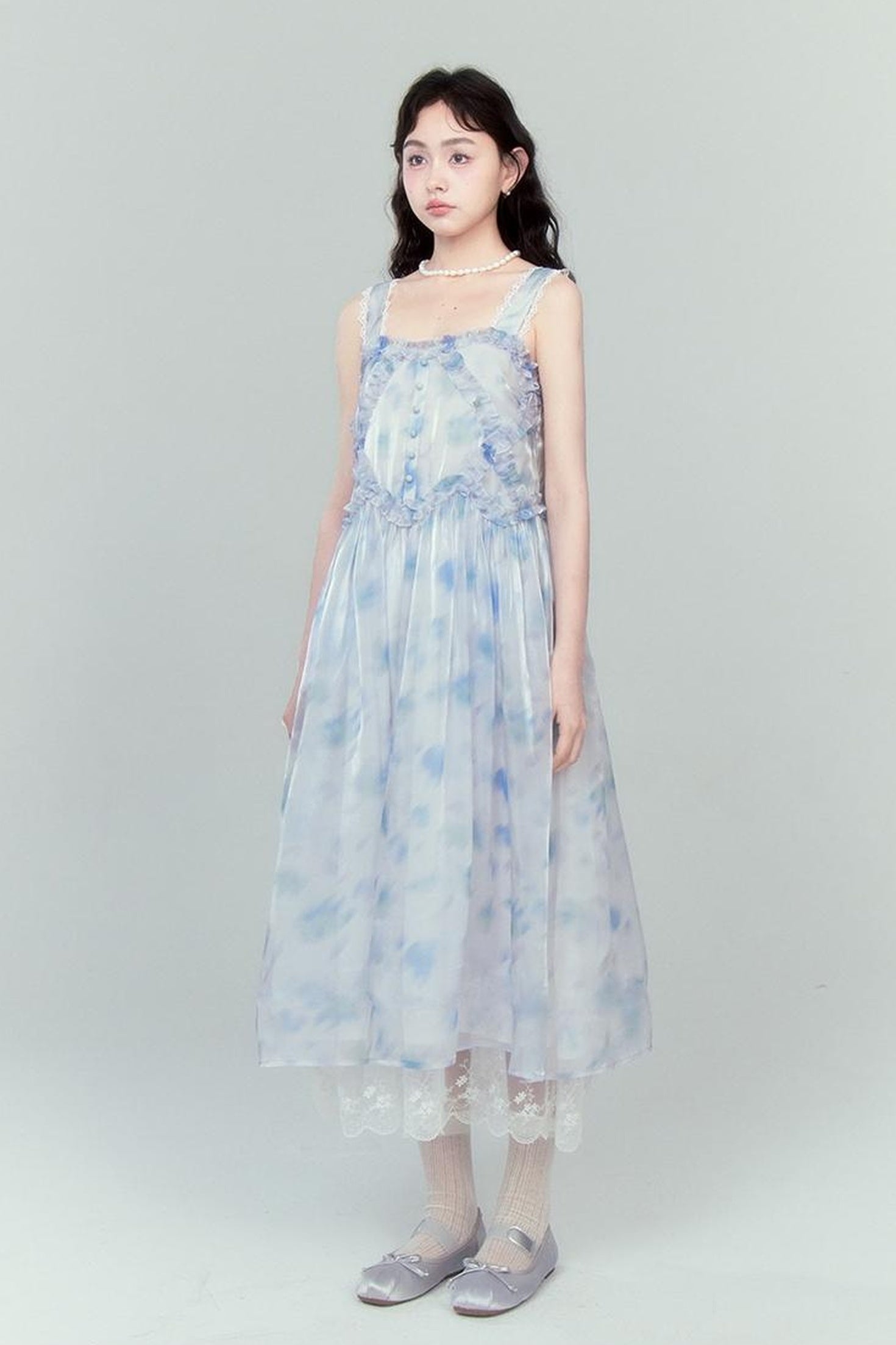 DIDDI MODA Watercolor Print Blue Strapless Sundress