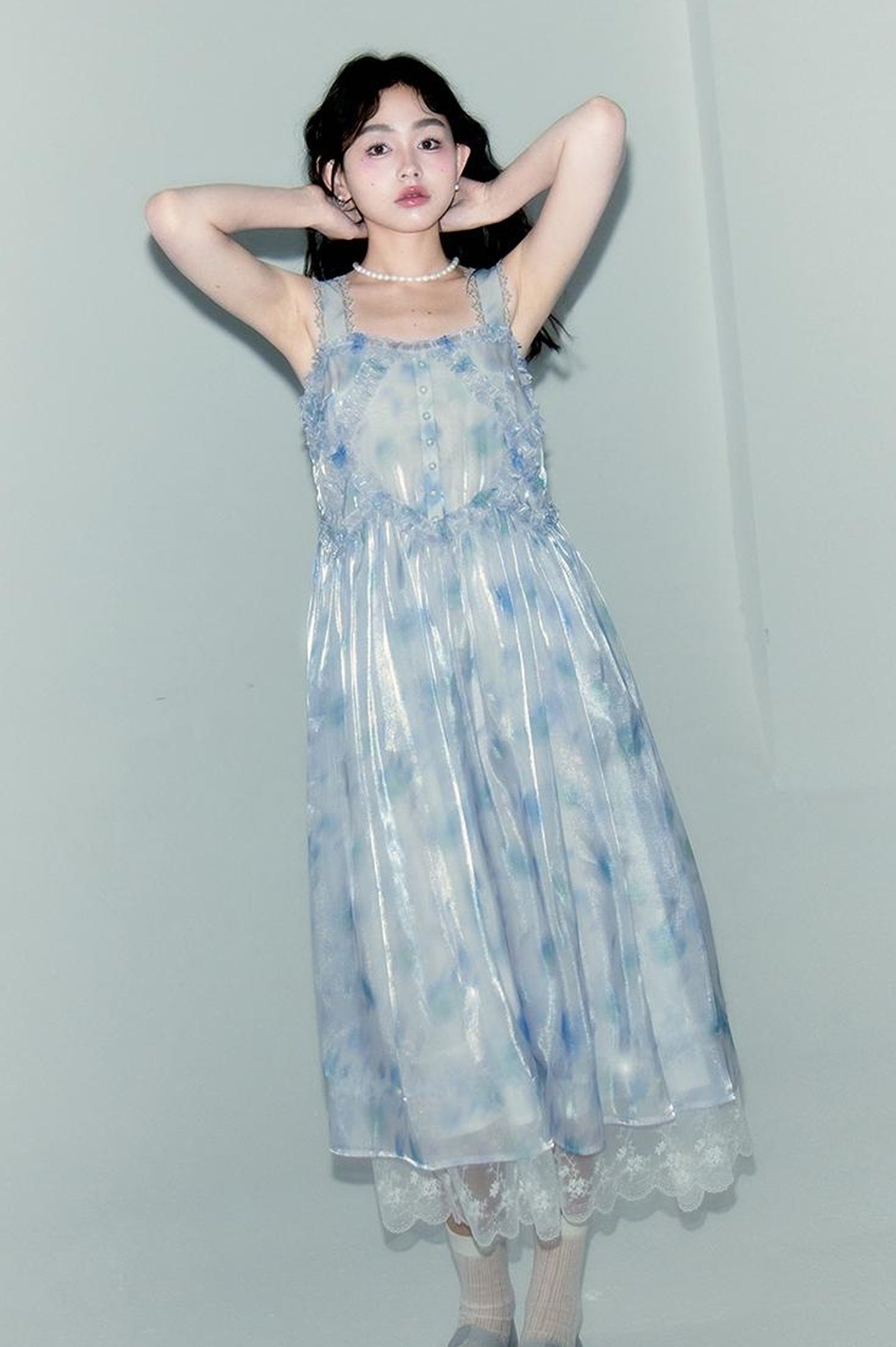 DIDDI MODA Watercolor Print Blue Strapless Sundress