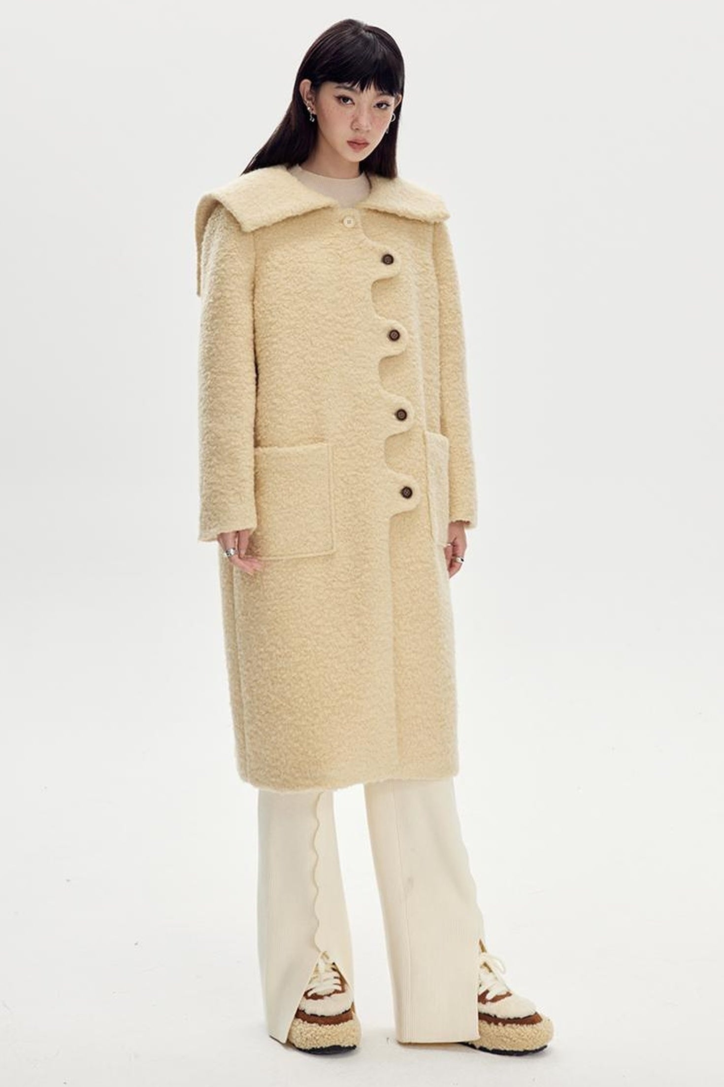 DIDDI MODA Wavy Edge Cream Wool Coat