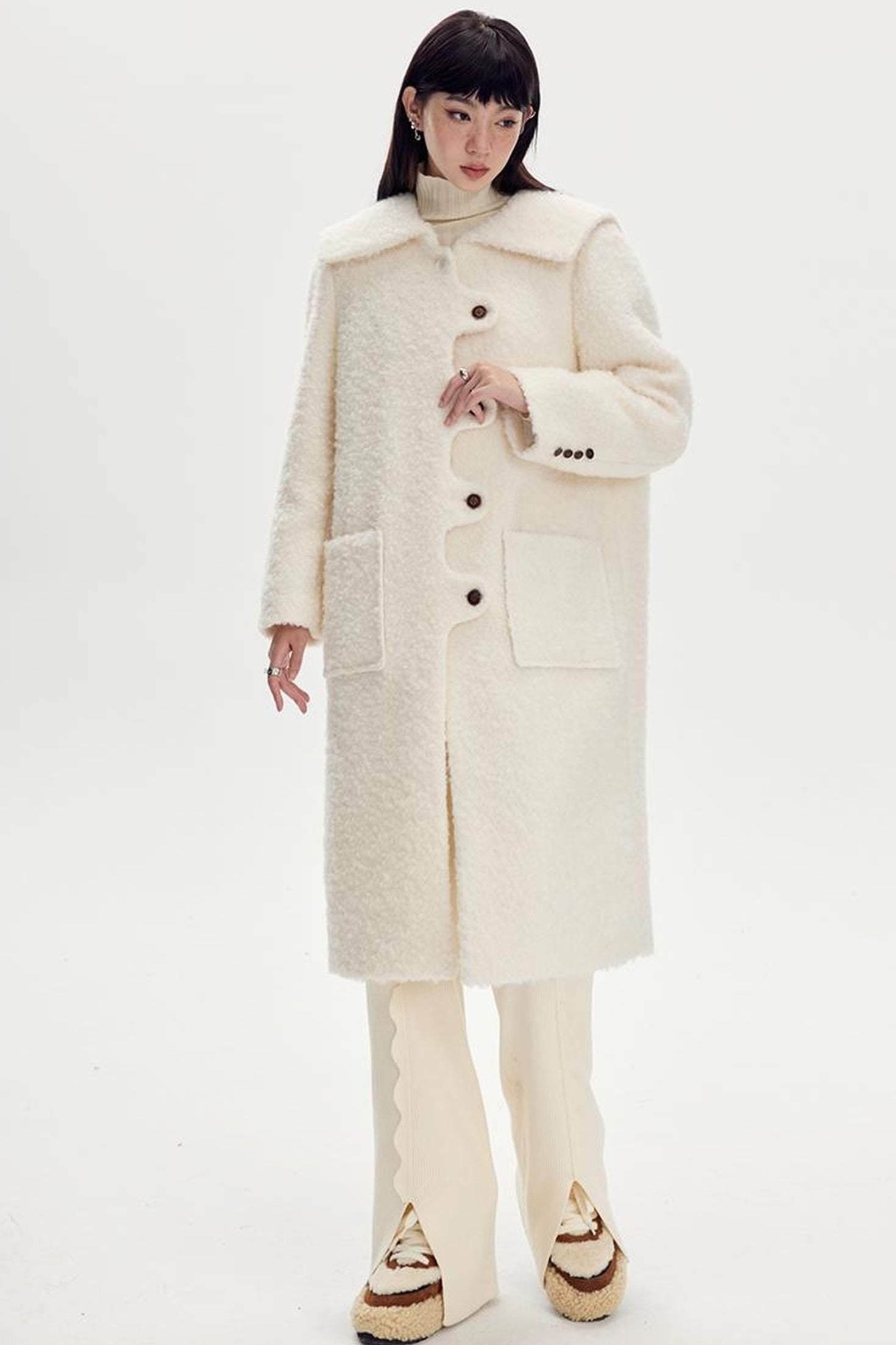 DIDDI MODA Wavy Edge Cream Wool Coat