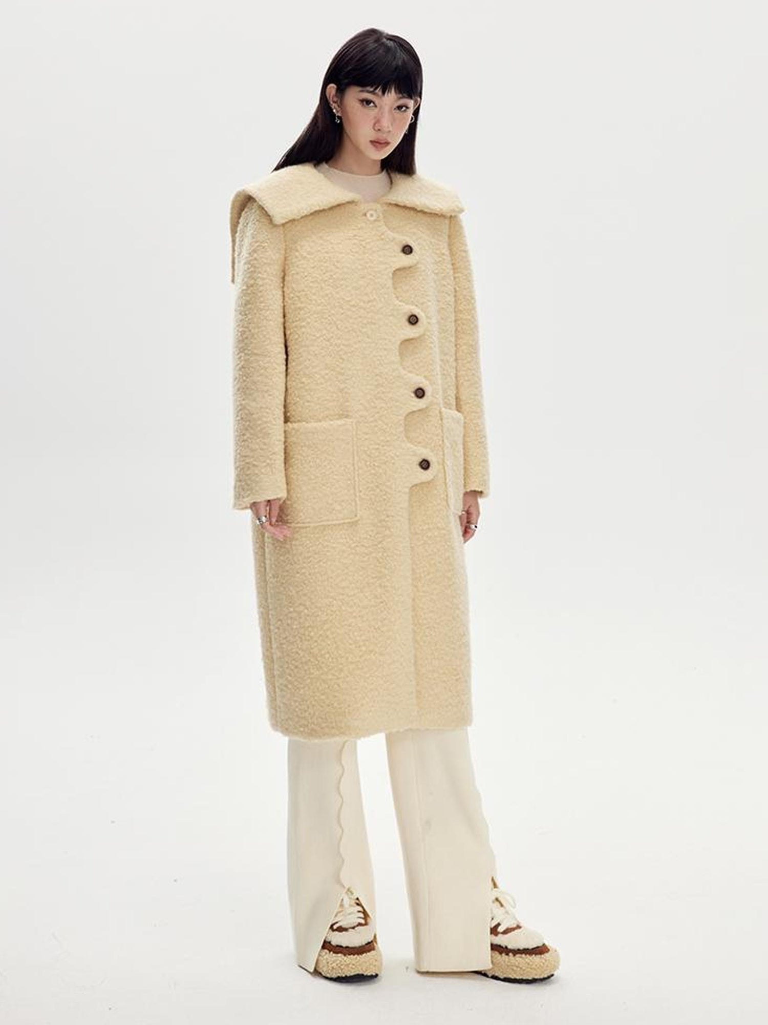 DIDDI MODA Wavy Edge Cream Wool Coat