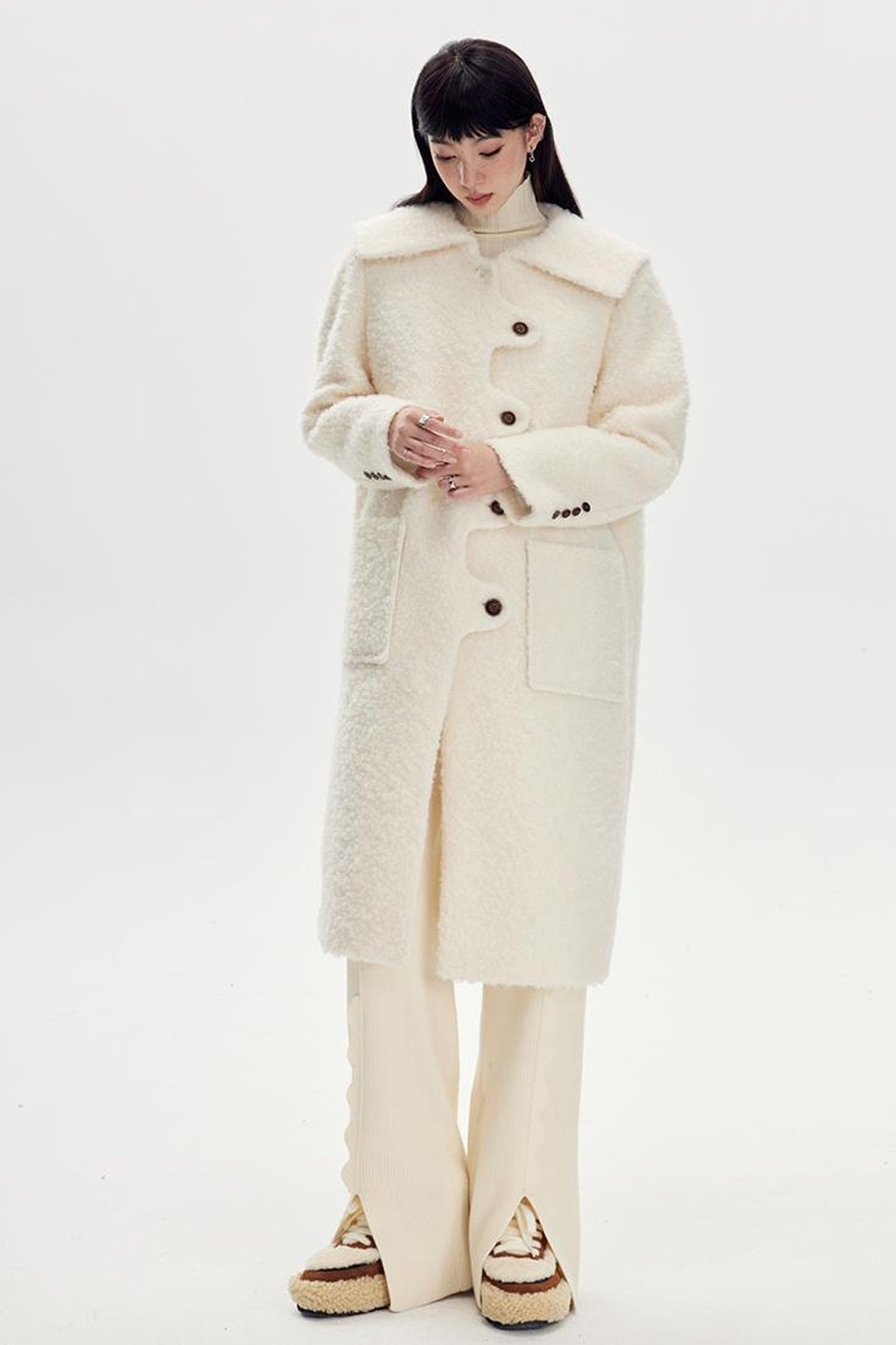 DIDDI MODA Wavy Edge Cream Wool Coat