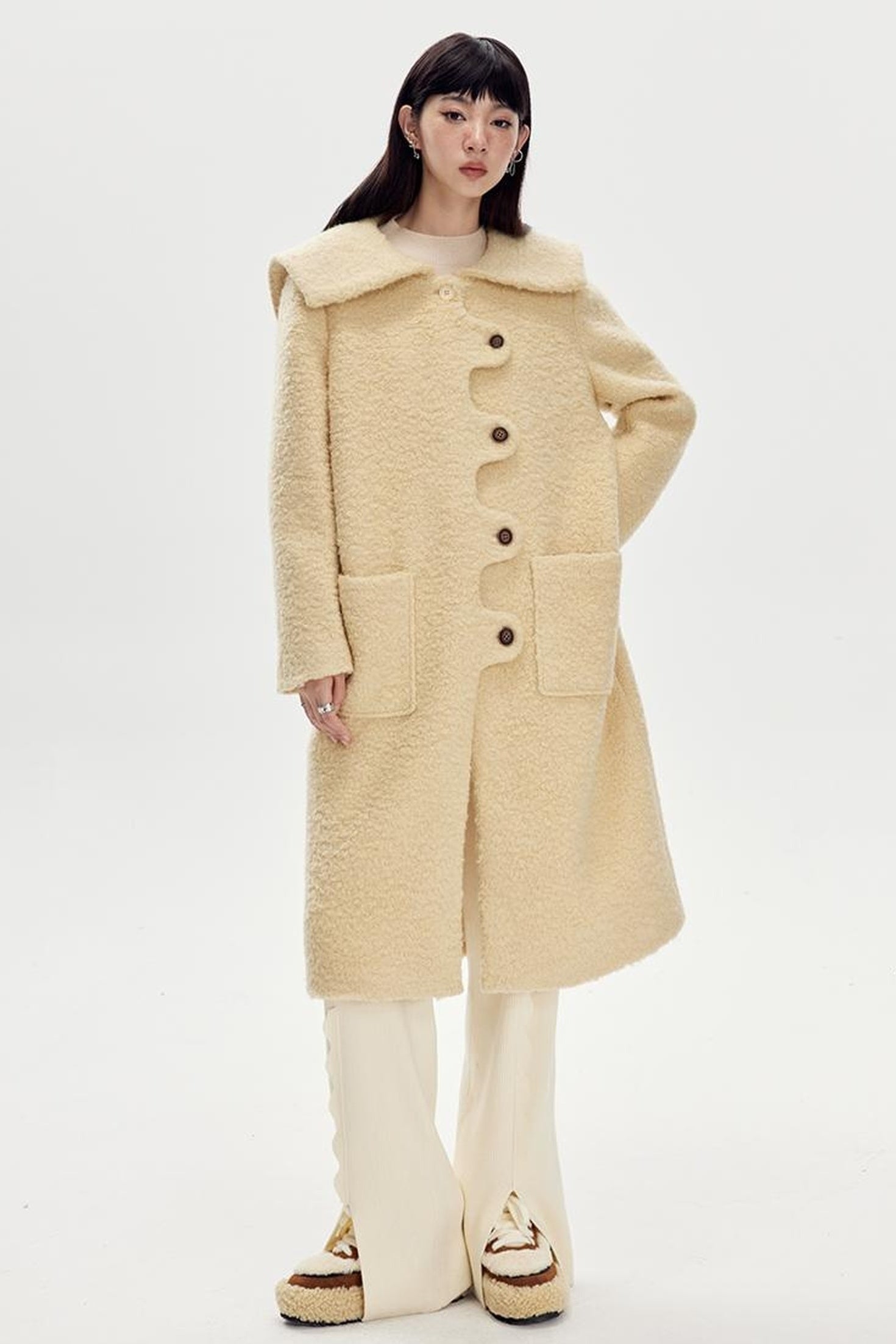 DIDDI MODA Wavy Edge Cream Wool Coat