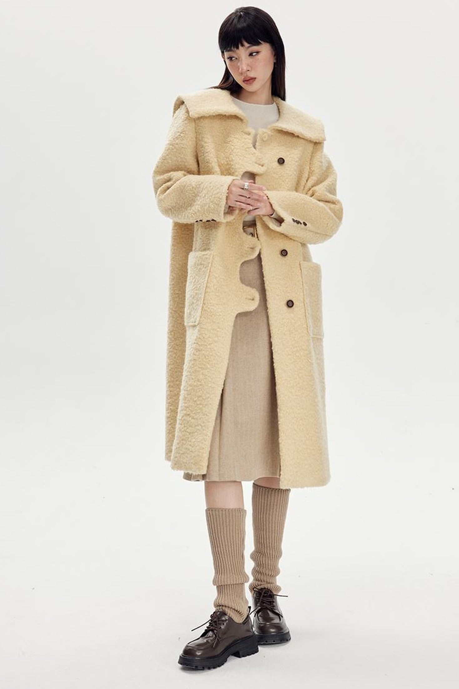 DIDDI MODA Wavy Edge Cream Wool Coat