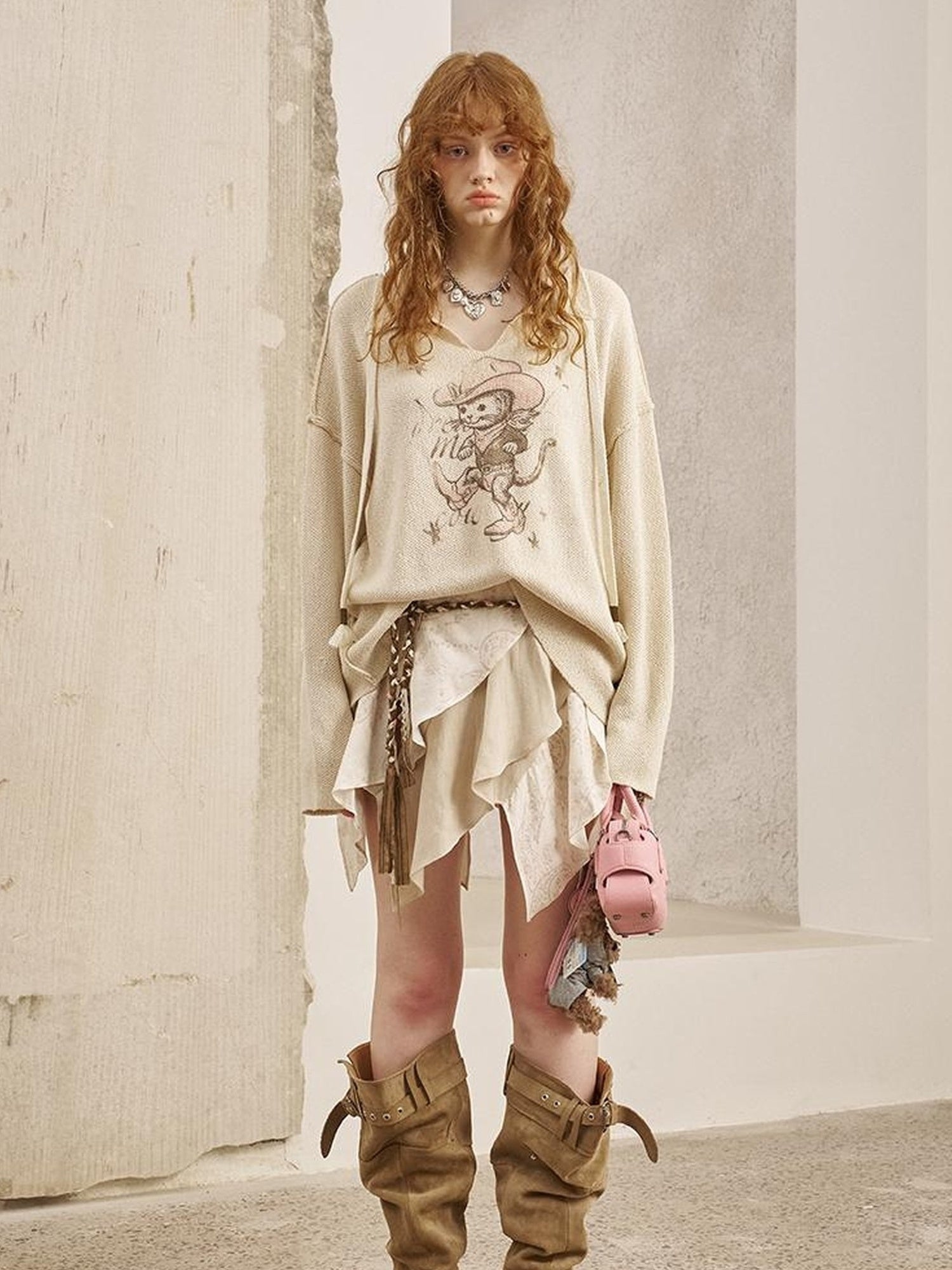 DIDDI MODA Western Cat V Neck Loose Knit Top