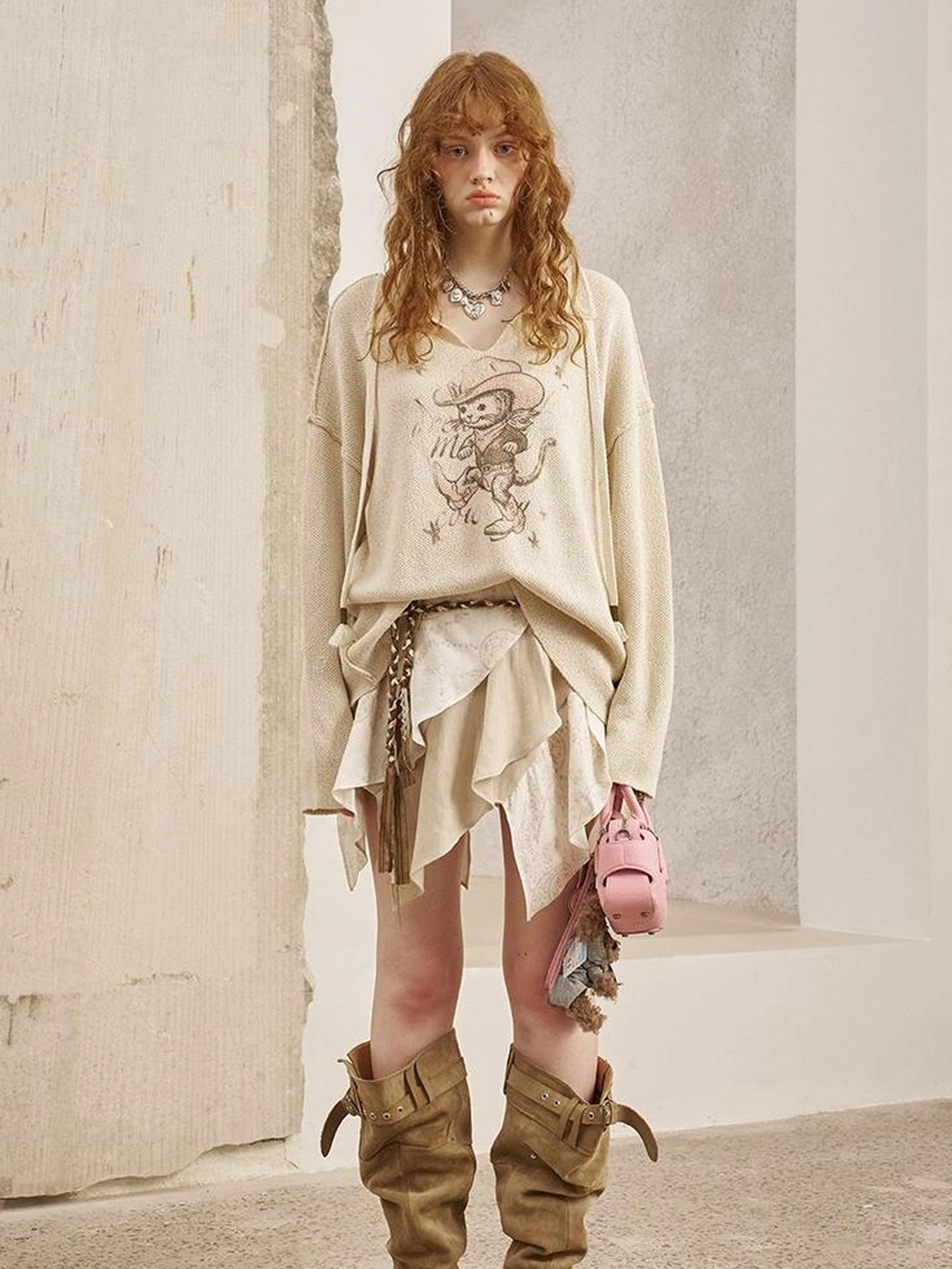 Western Cat V Neck Loose Knit Top