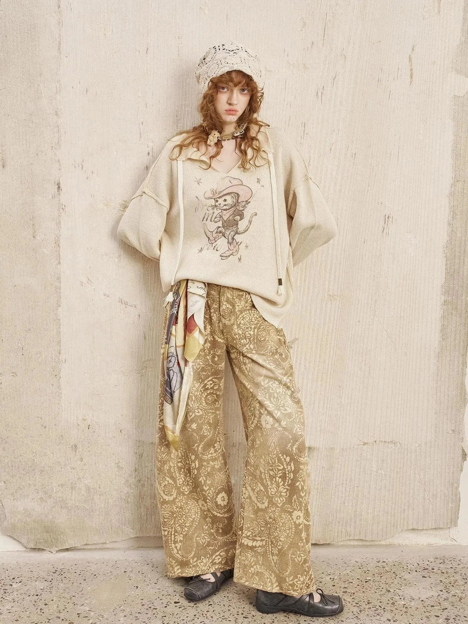 Western Cat V Neck Loose Knit Top