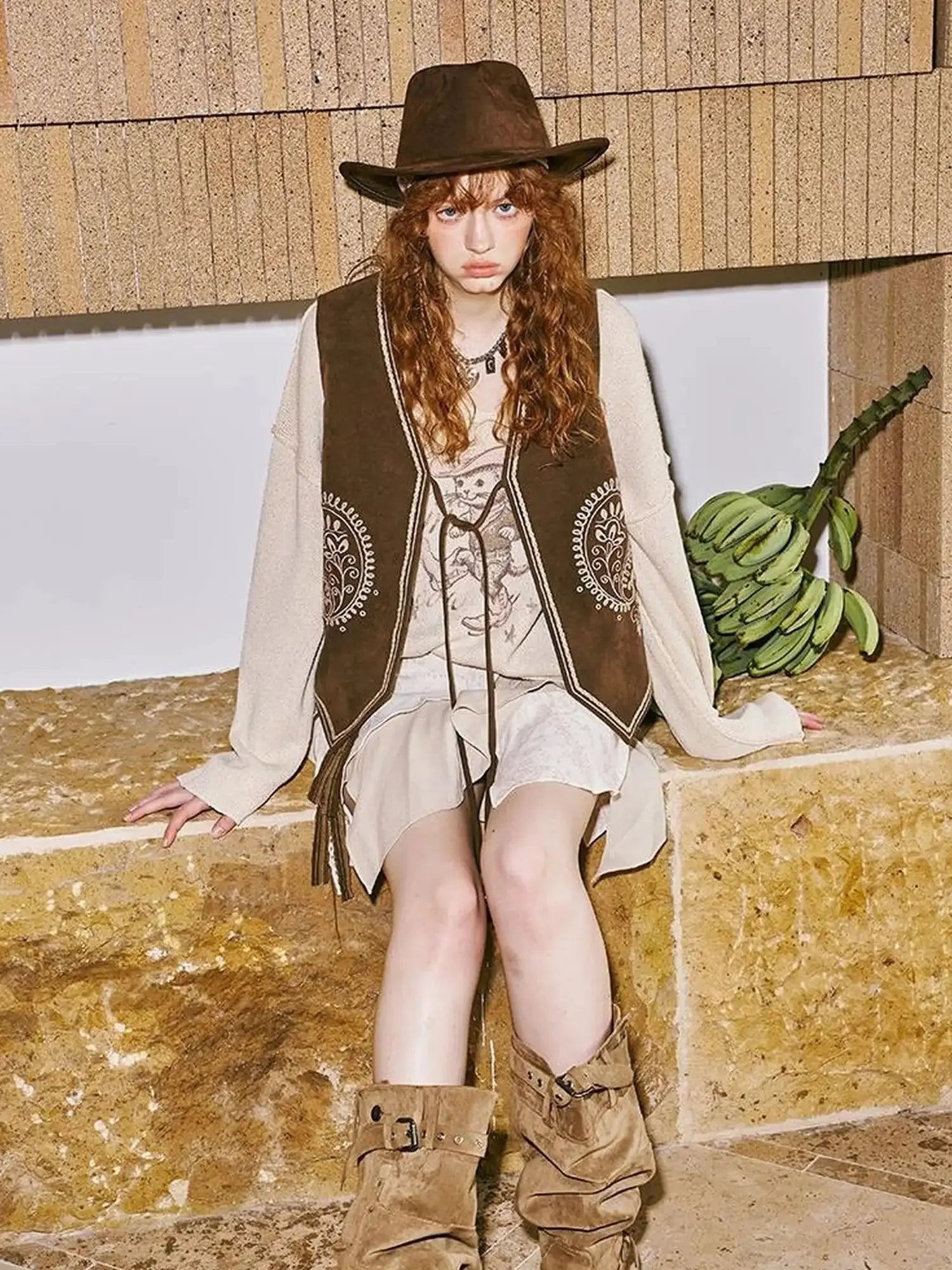 Western Cat V Neck Loose Knit Top