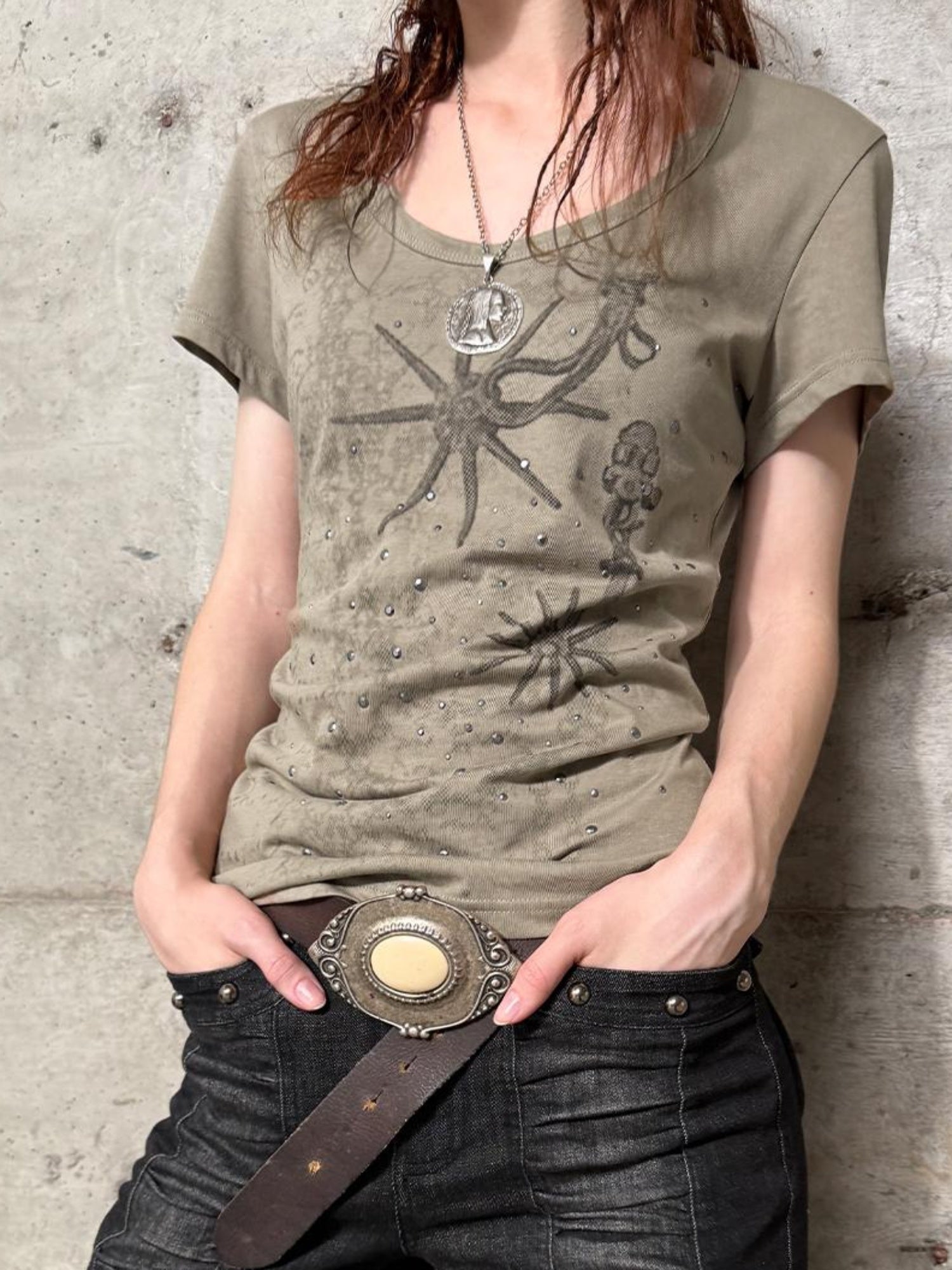 DoublePunch Western Print Rhinestone Fitted Round Neck Basic T-Shirt
