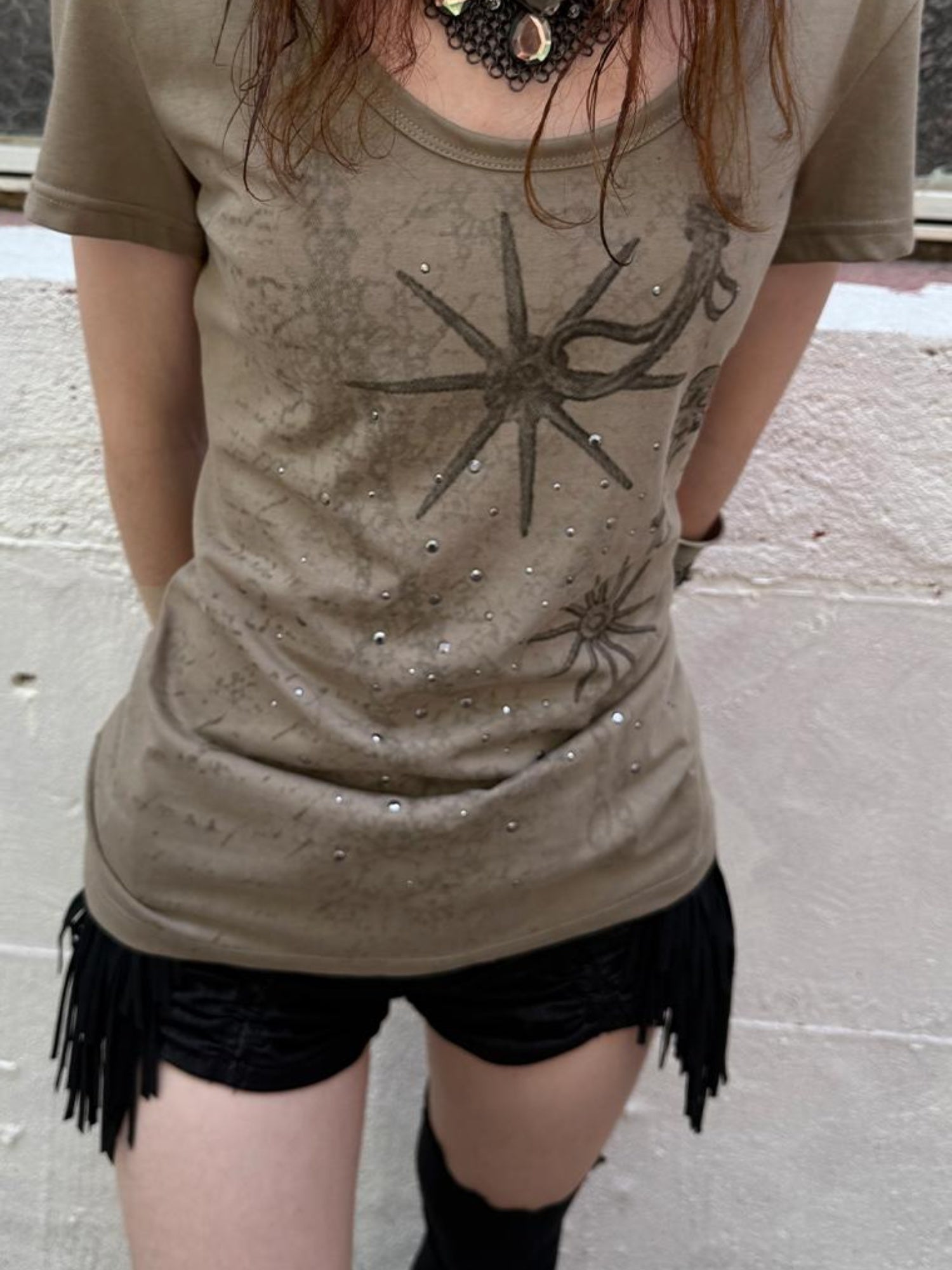 DoublePunch Western Print Rhinestone Fitted Round Neck Basic T-Shirt