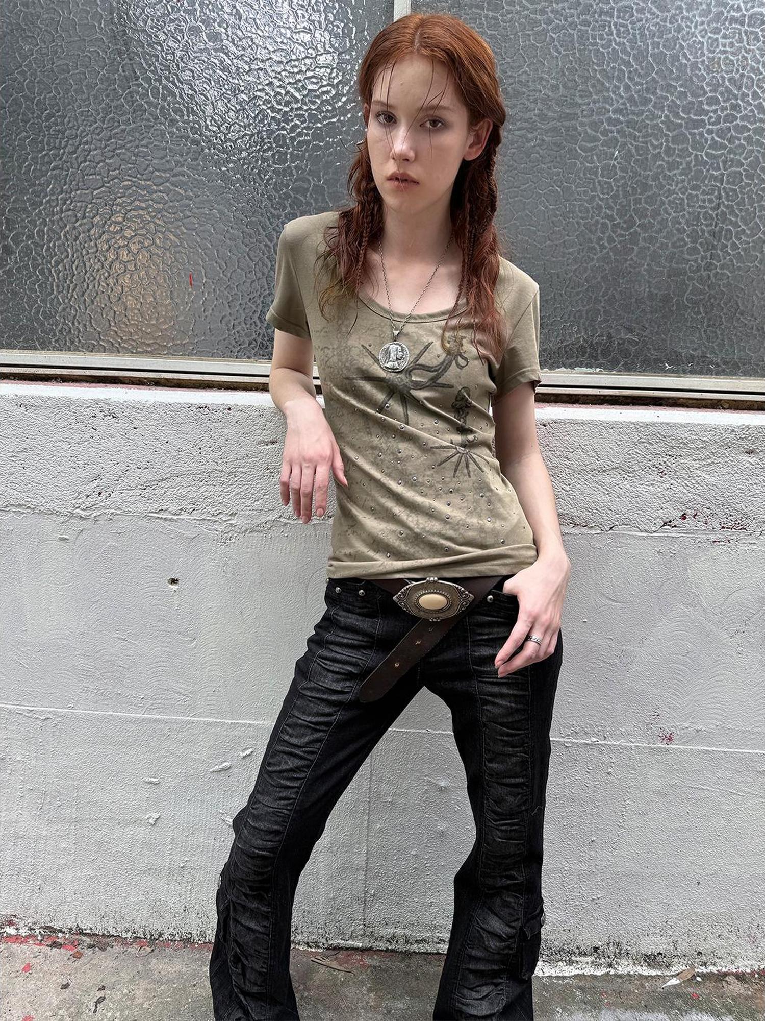 DoublePunch Western Print Rhinestone Fitted Round Neck Basic T-Shirt