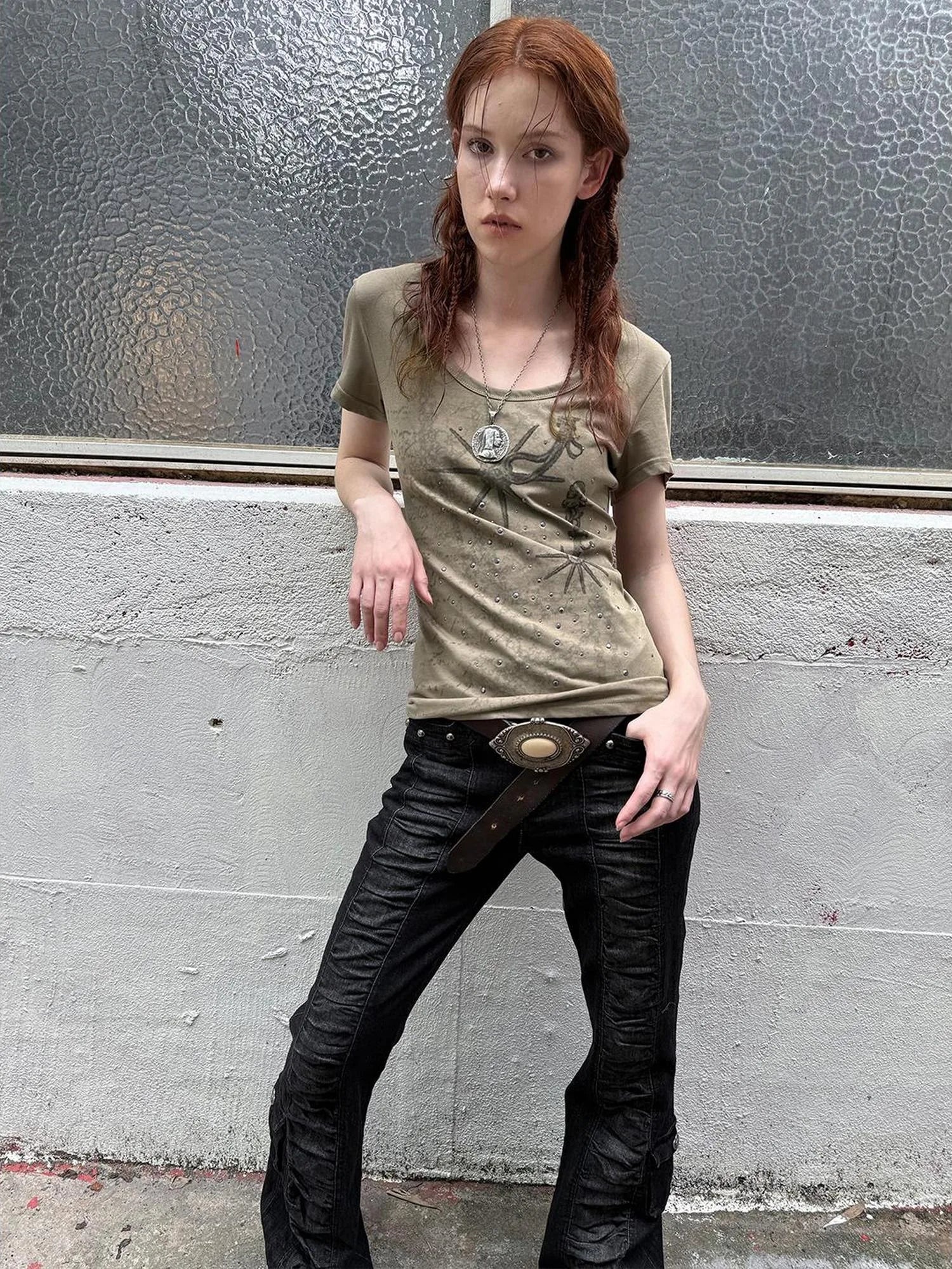 Western Print Rhinestone Fitted Round Neck Basic T-Shirt
