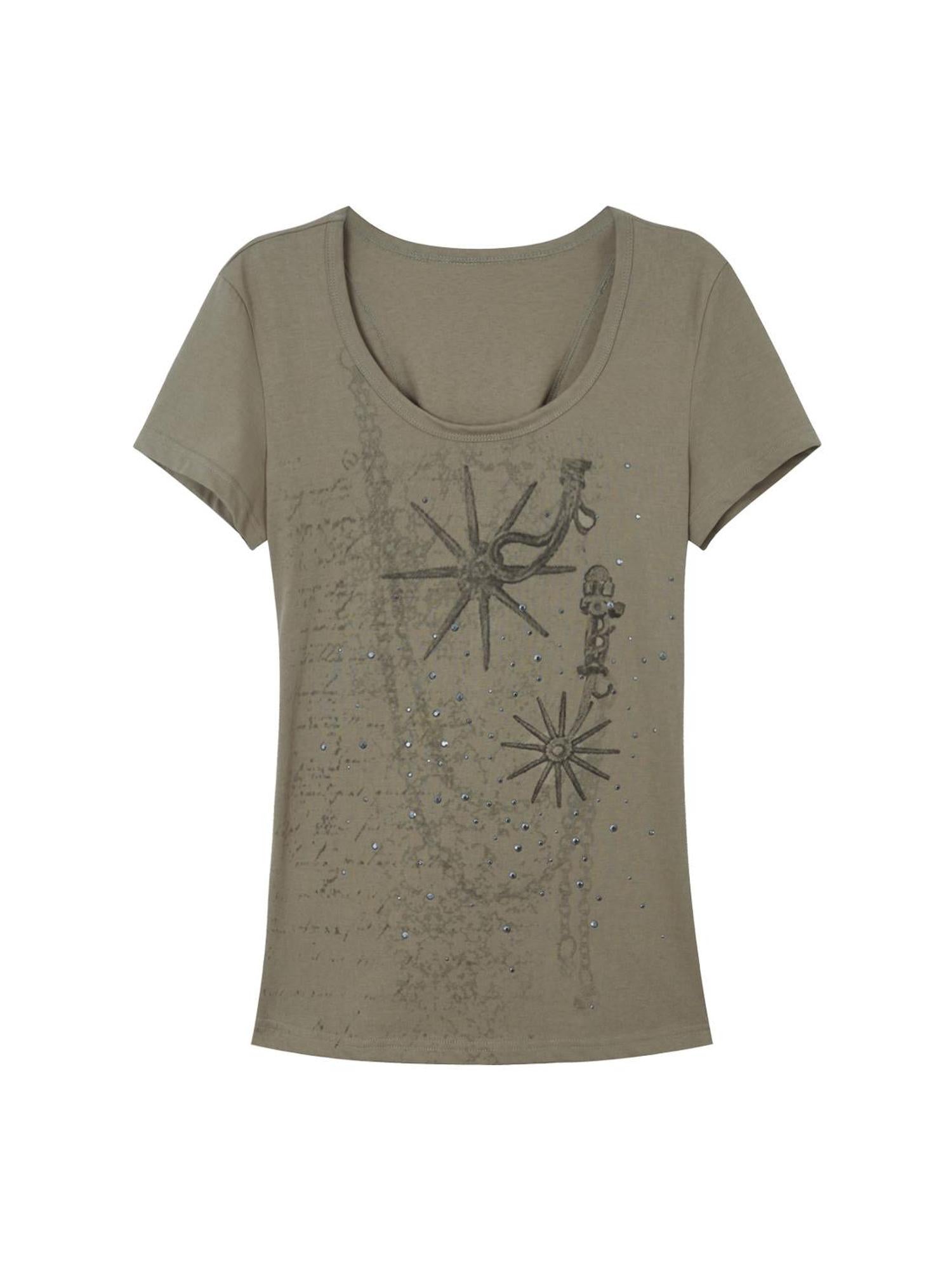 DoublePunch Western Print Rhinestone Fitted Round Neck Basic T-Shirt