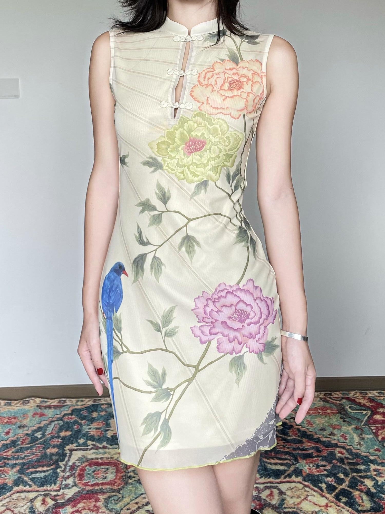 Wet Tail Breathable Floral Vintage Cheongsam Short Sleeveless Daily Bodycon Midi Dresses