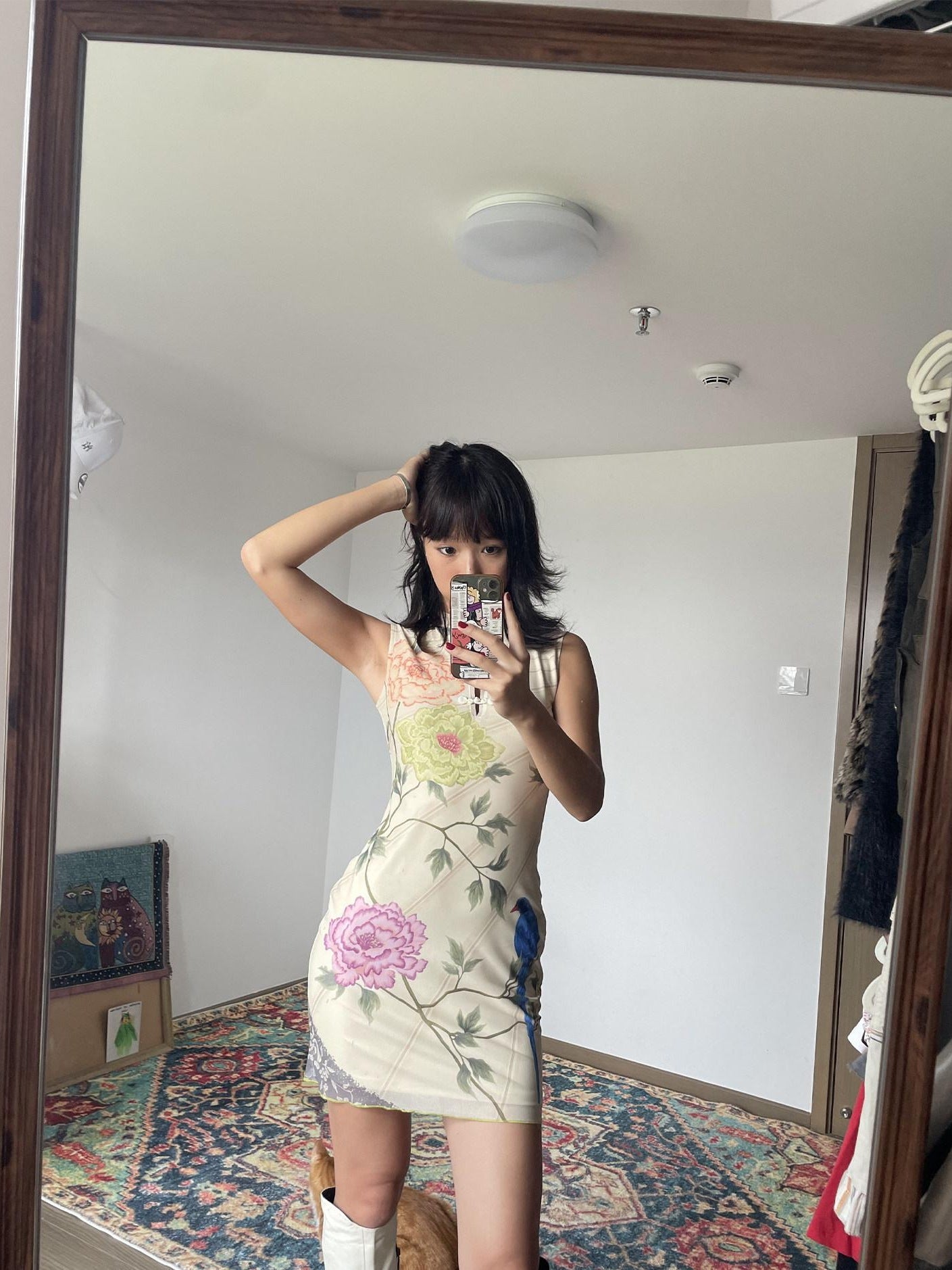 Wet Tail Breathable Floral Vintage Cheongsam Short Sleeveless Daily Bodycon Midi Dresses