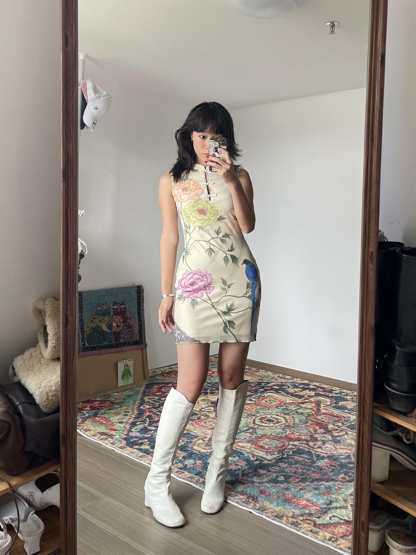 Wet Tail Breathable Floral Vintage Cheongsam Short Sleeveless Daily Bodycon Midi Dresses