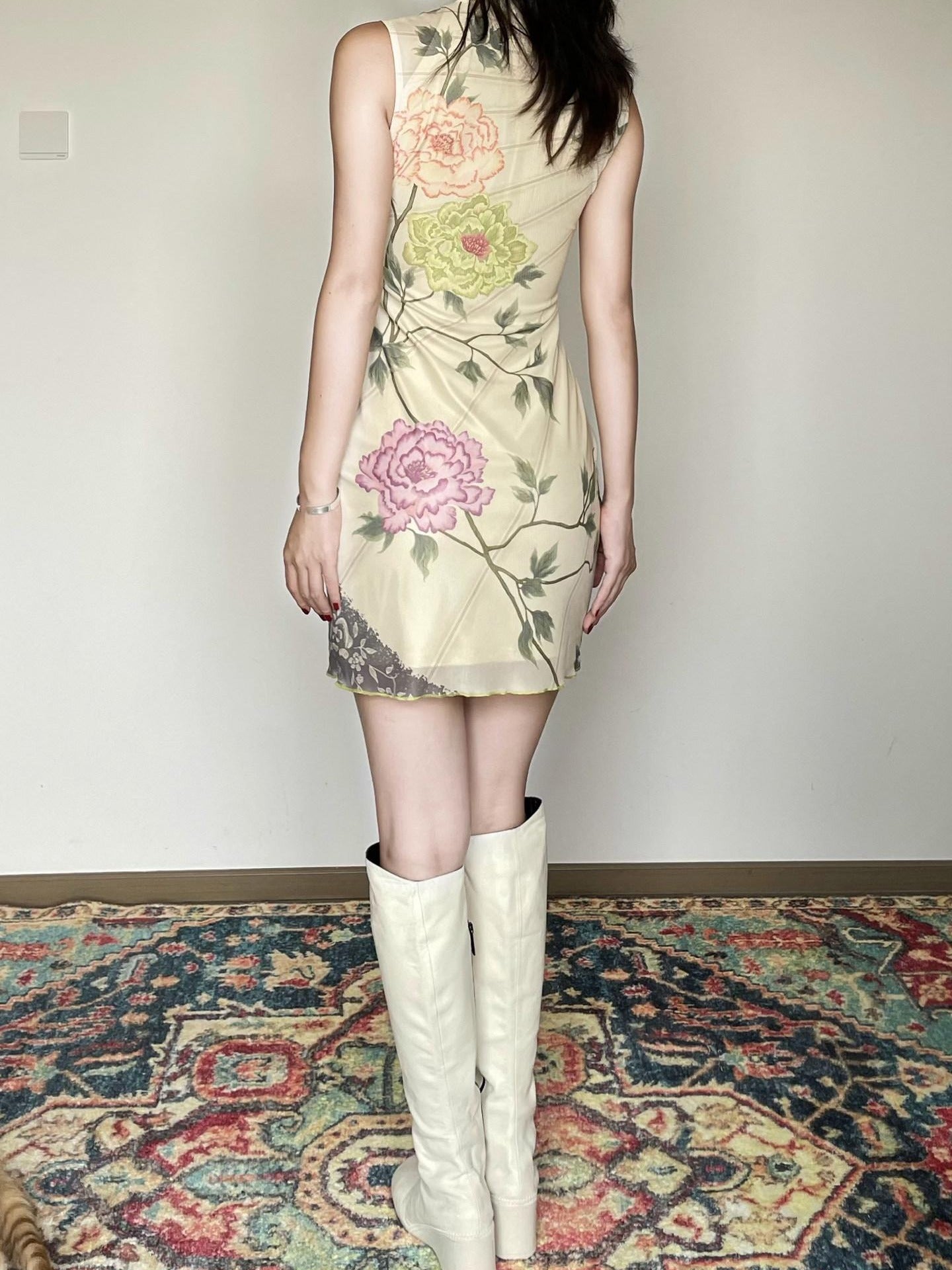 Wet Tail Breathable Floral Vintage Cheongsam Short Sleeveless Daily Bodycon Midi Dresses
