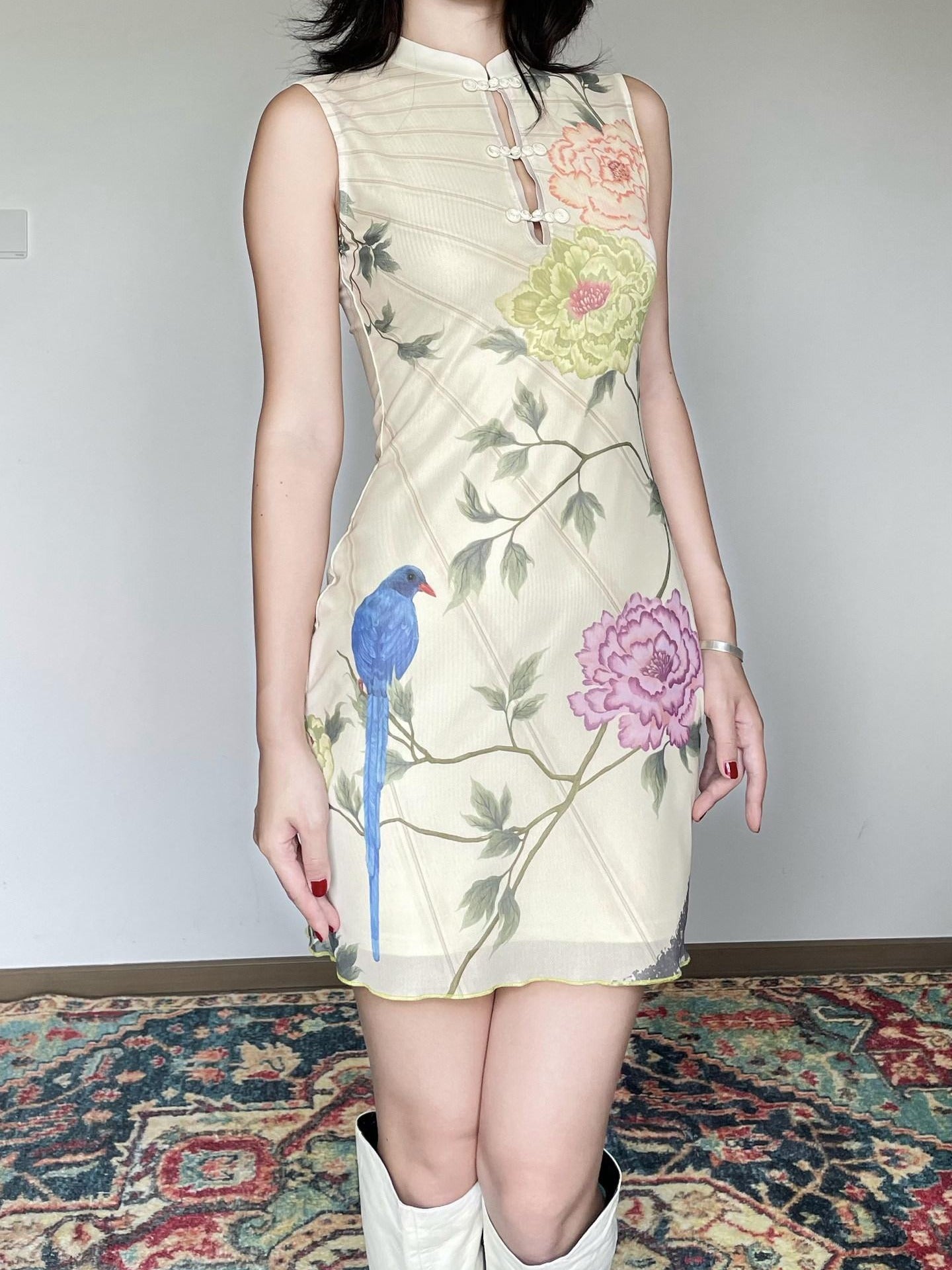 Wet Tail Breathable Floral Vintage Cheongsam Short Sleeveless Daily Bodycon Midi Dresses