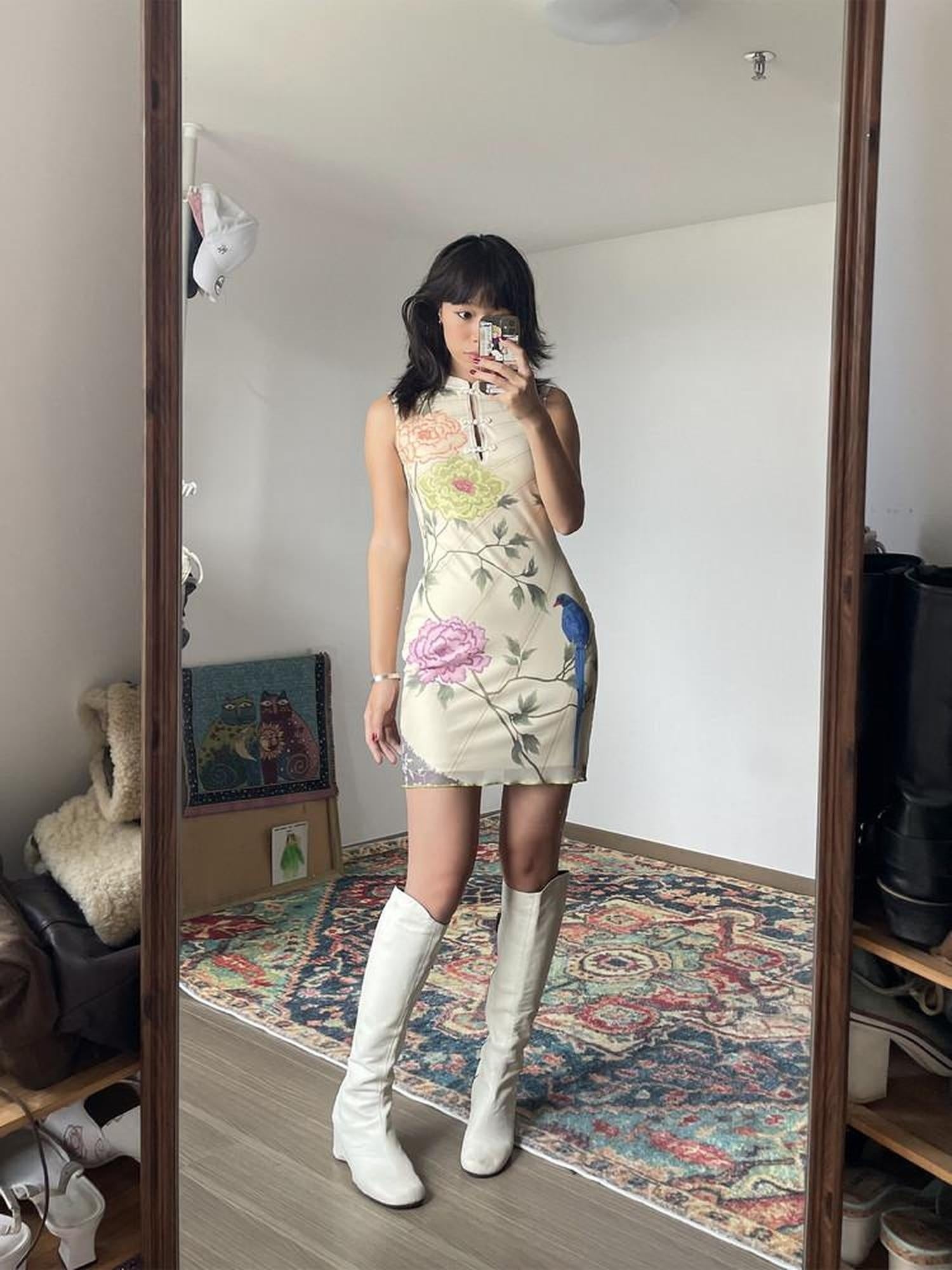 Wet Tail Breathable Floral Vintage Cheongsam Short Sleeveless Daily Bodycon Midi Dresses
