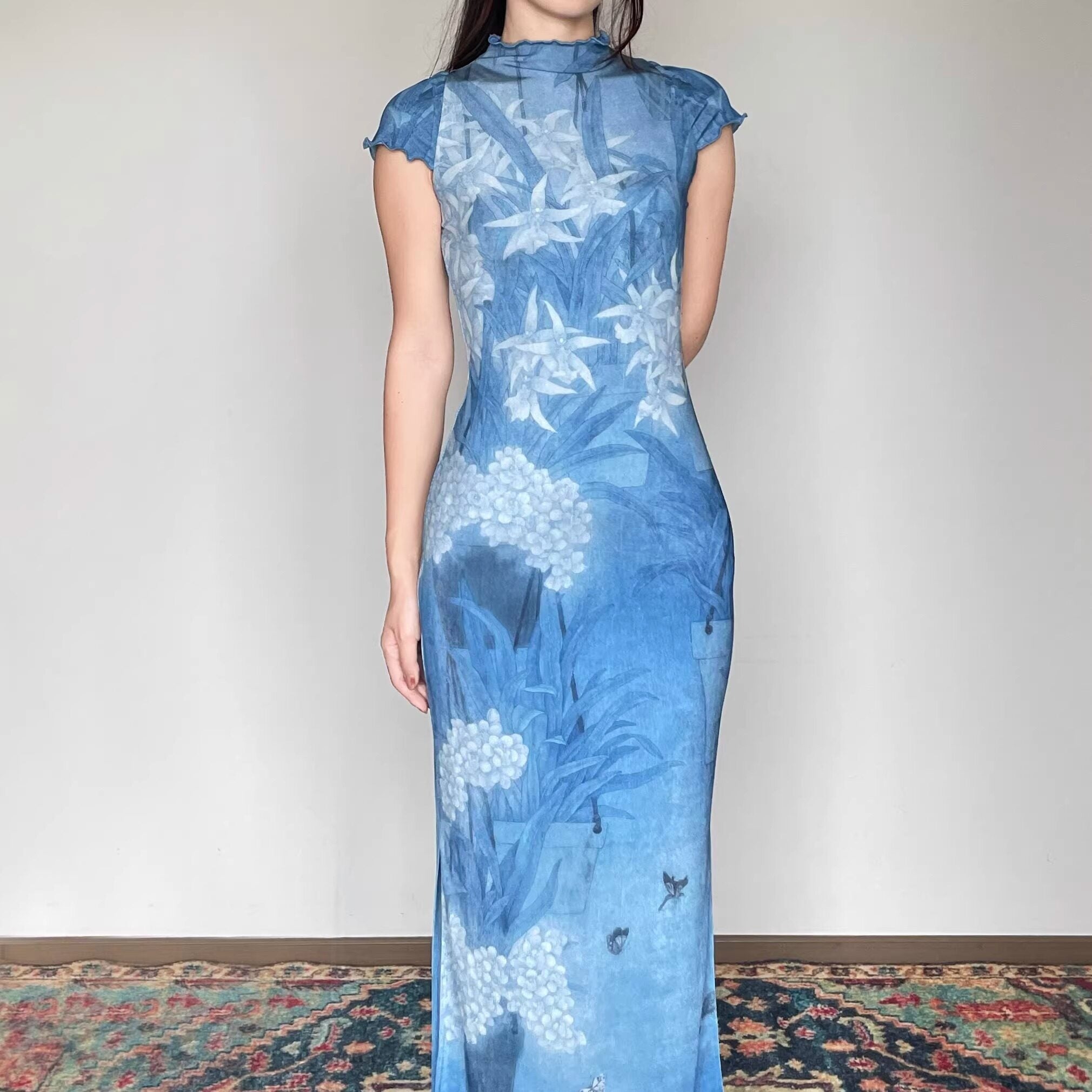 Wet_Tail_Breathable_Sheer_Cheongsam_Short_Sleeve_Low_Slit_Deep_Blue_Bodycon_Maxi_Dresses_MISSTT