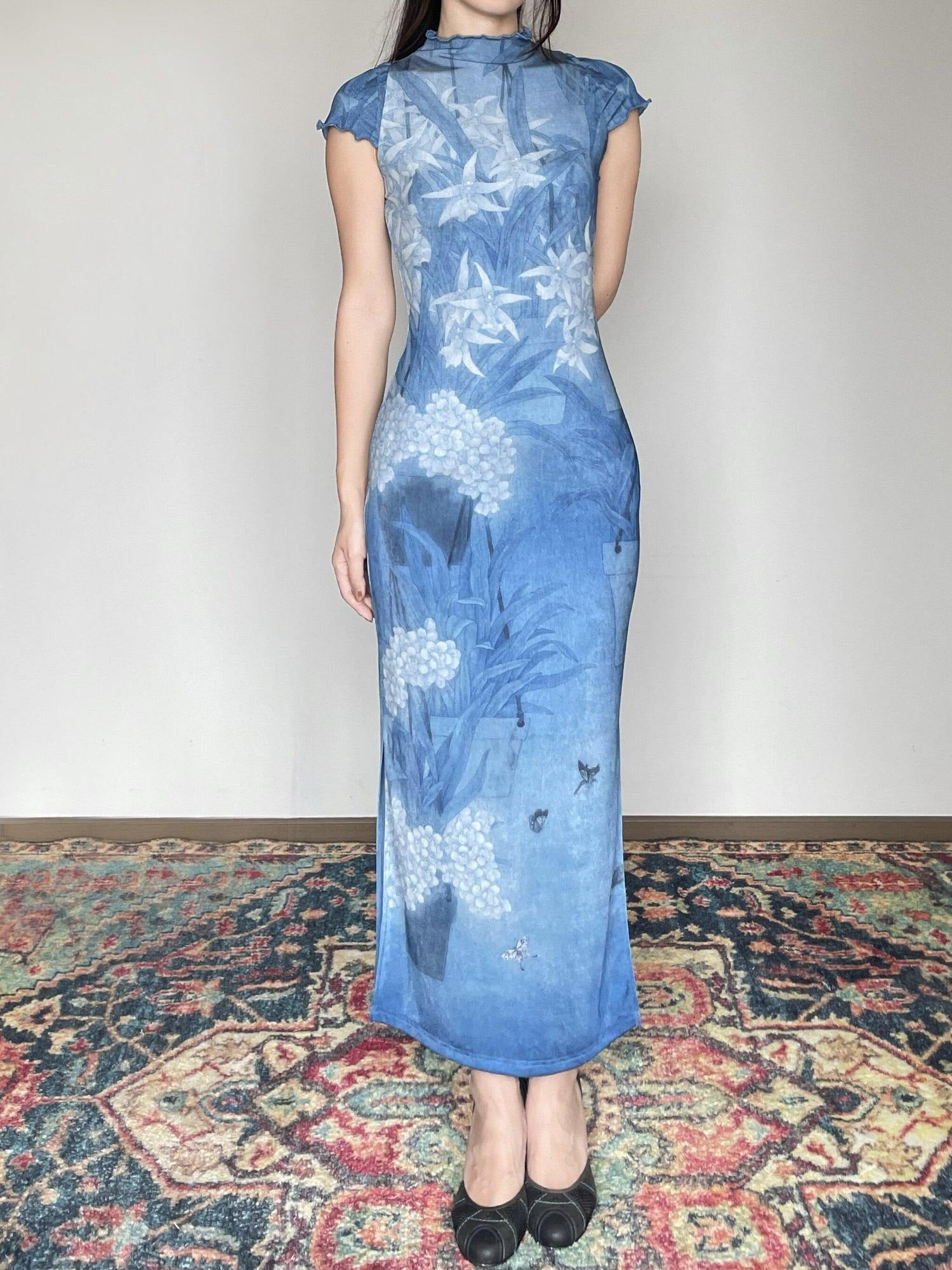 bodycon maxi dress short Wet Tail Breathable Sheer Cheongsam Sleeve Low Slit Deep Blue Dresses – MISSTT solid wood brown dresser Drop: CW19 2025 it’s perfect for casual Rental Type:14 days