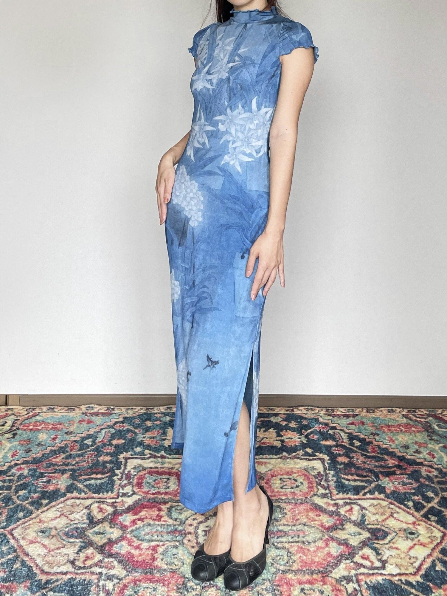 Wet Tail Breathable Sheer Cheongsam Short Sleeve Low Slit Deep Blue Bodycon Maxi Dresses