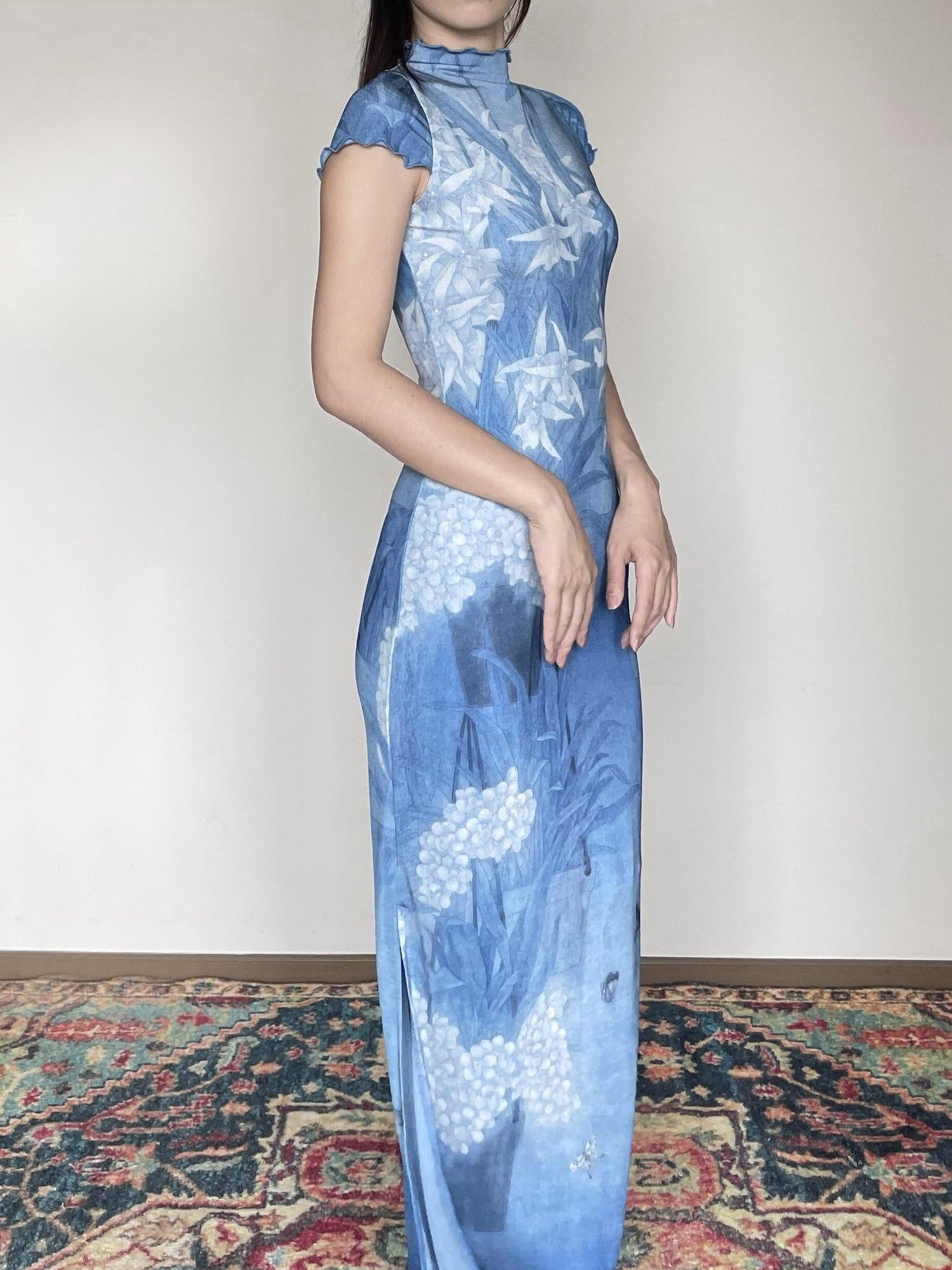 Wet Tail Breathable Sheer Cheongsam Short Sleeve Low Slit Deep Blue Bodycon Maxi Dresses