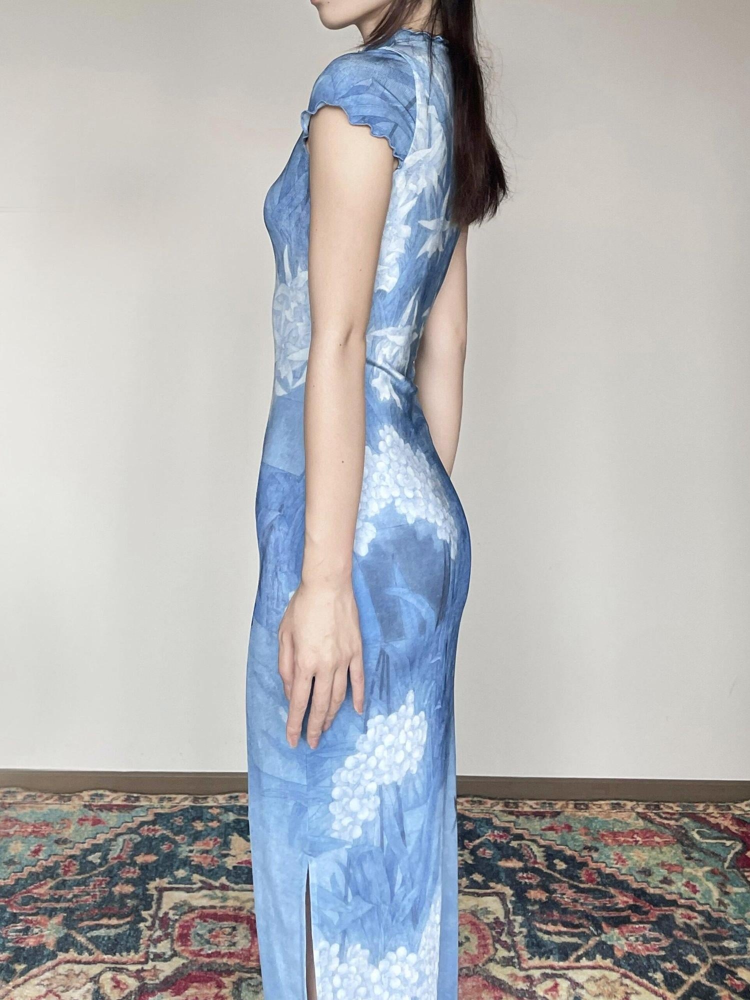 Wet Tail Breathable Sheer Cheongsam Short Sleeve Low Slit Deep Blue Bodycon Maxi Dresses