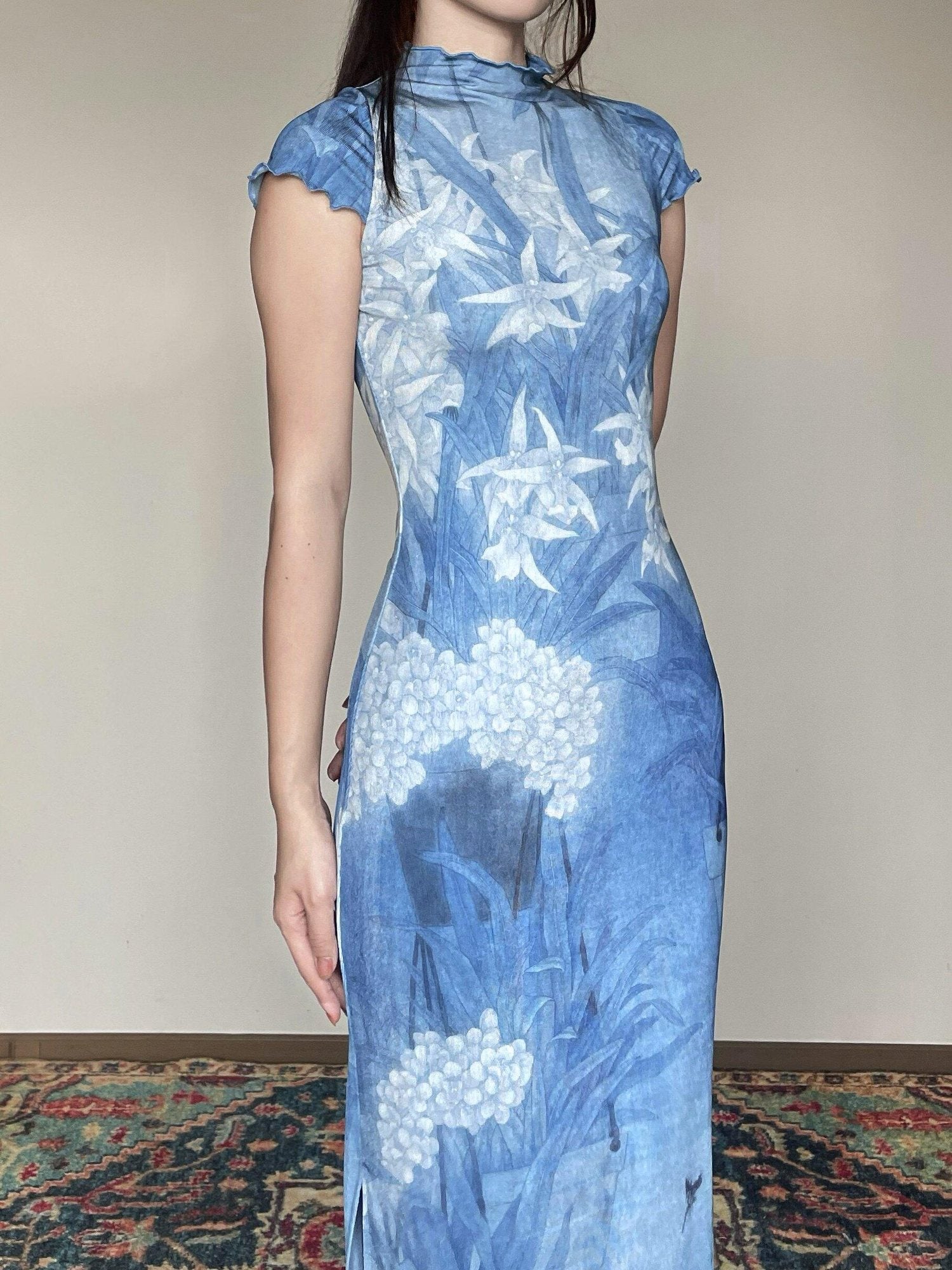 Wet Tail Breathable Sheer Cheongsam Short Sleeve Low Slit Deep Blue Bodycon Maxi Dresses
