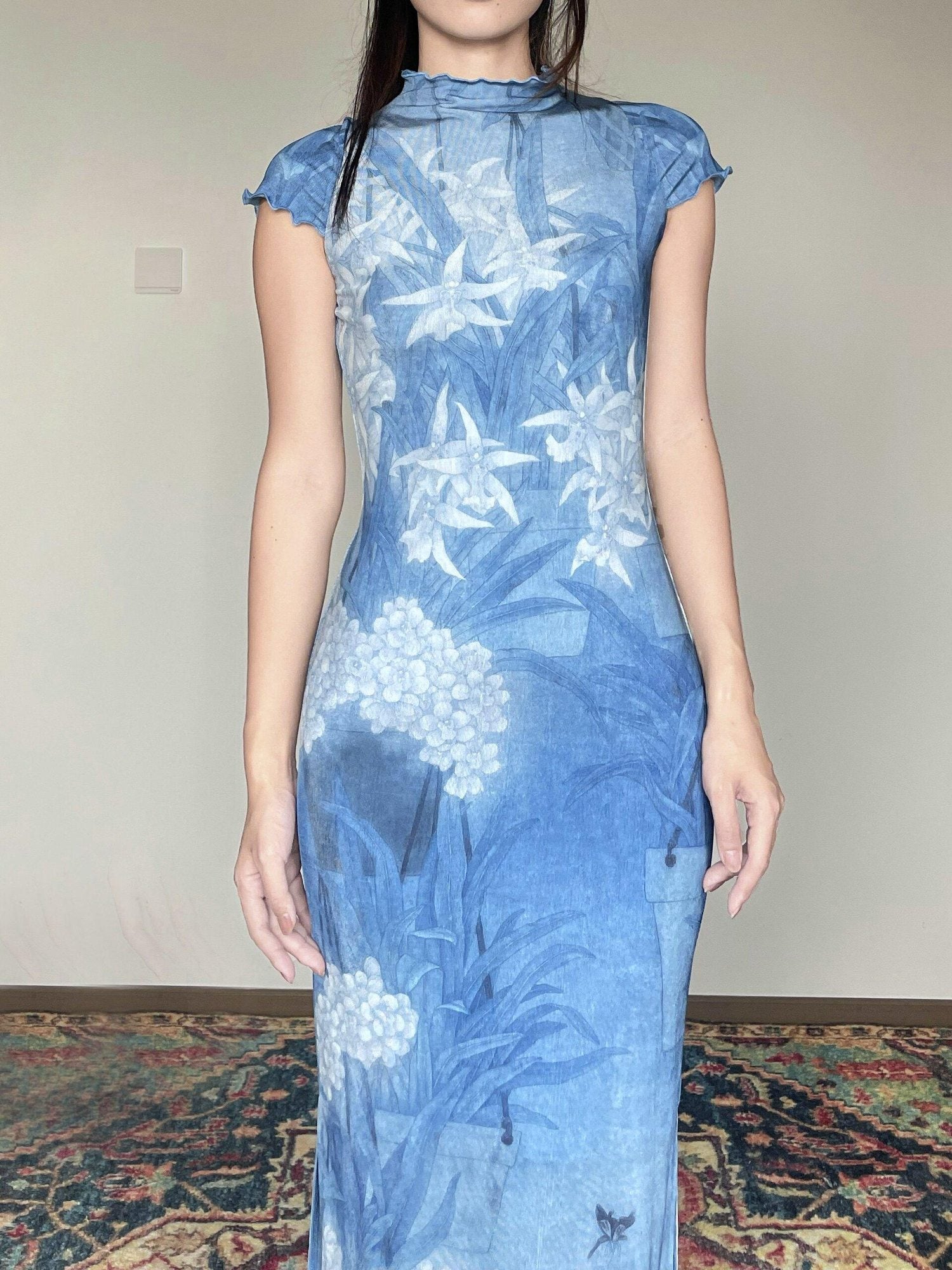 Wet Tail Breathable Sheer Cheongsam Short Sleeve Low Slit Deep Blue Bodycon Maxi Dresses