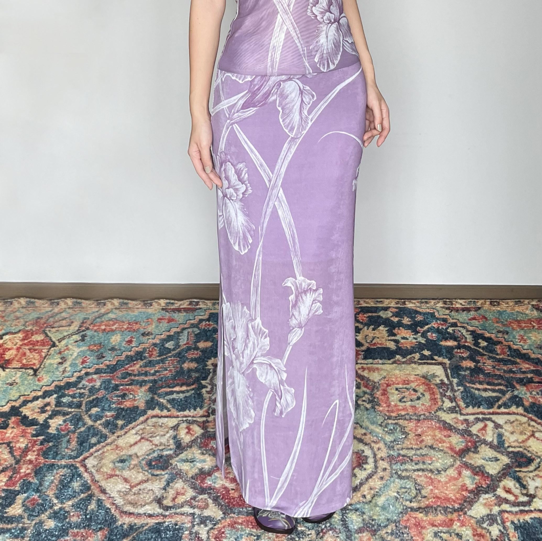 Wet Tail Breathable Vintage Cheongsam Floral Everyday Stretch Purple Maxi Skirts
