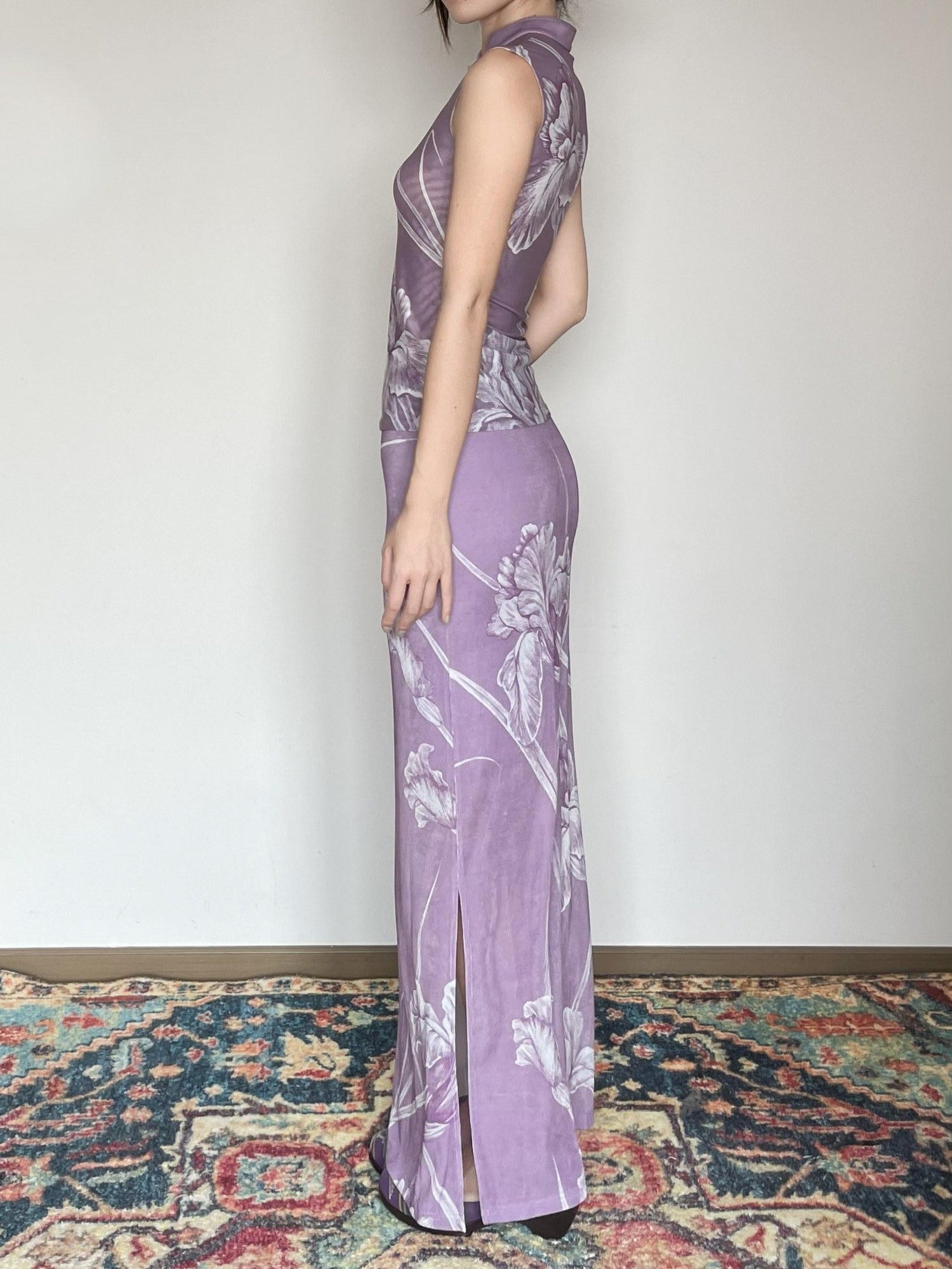 Wet Tail Breathable Vintage Cheongsam Floral Everyday Stretch Purple Maxi Skirts