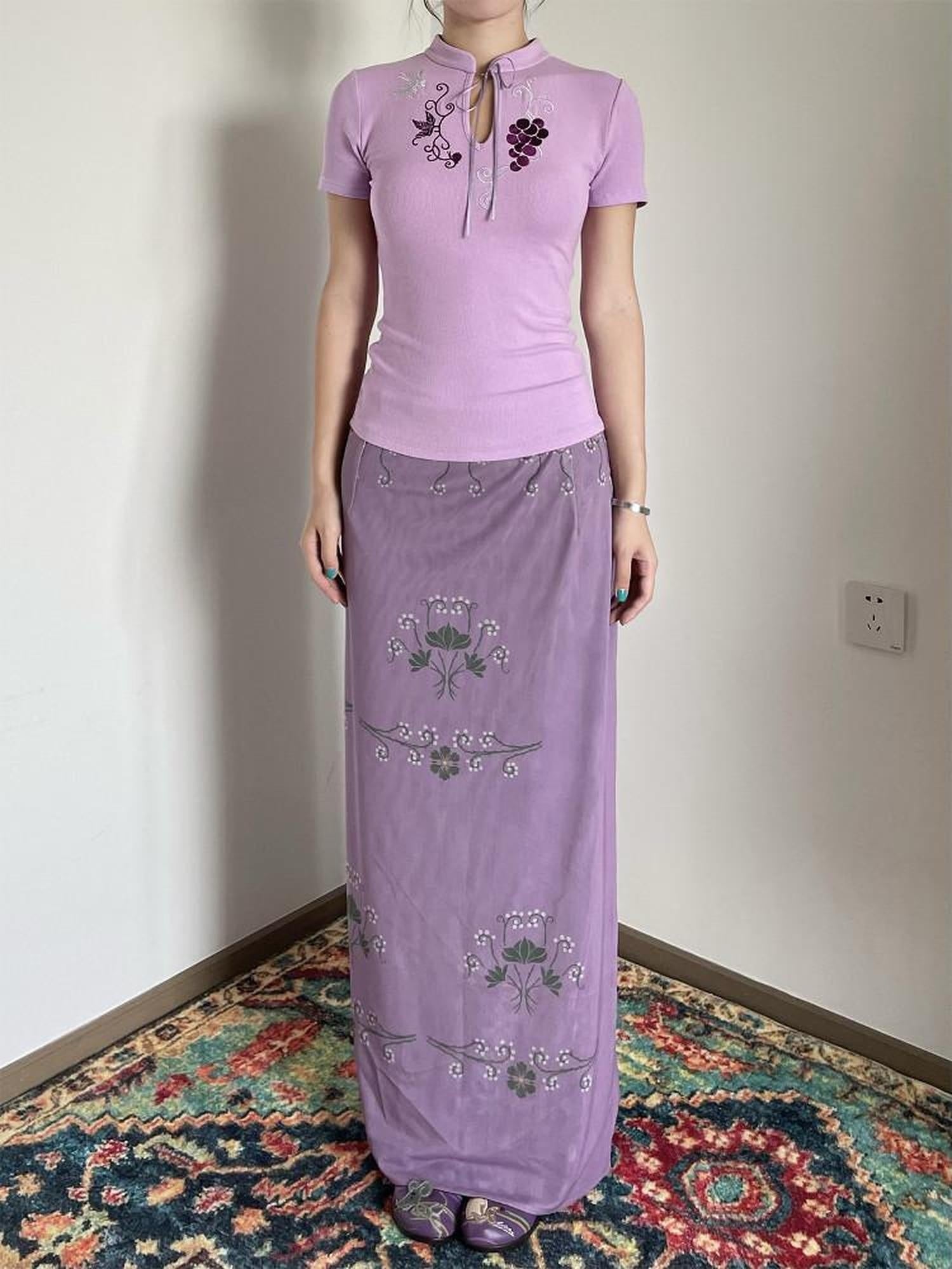 Wet Tail Cute Embroidered Ribbed Henley Purple Women Viscose Stretch Short Sleeve T-Shirts
