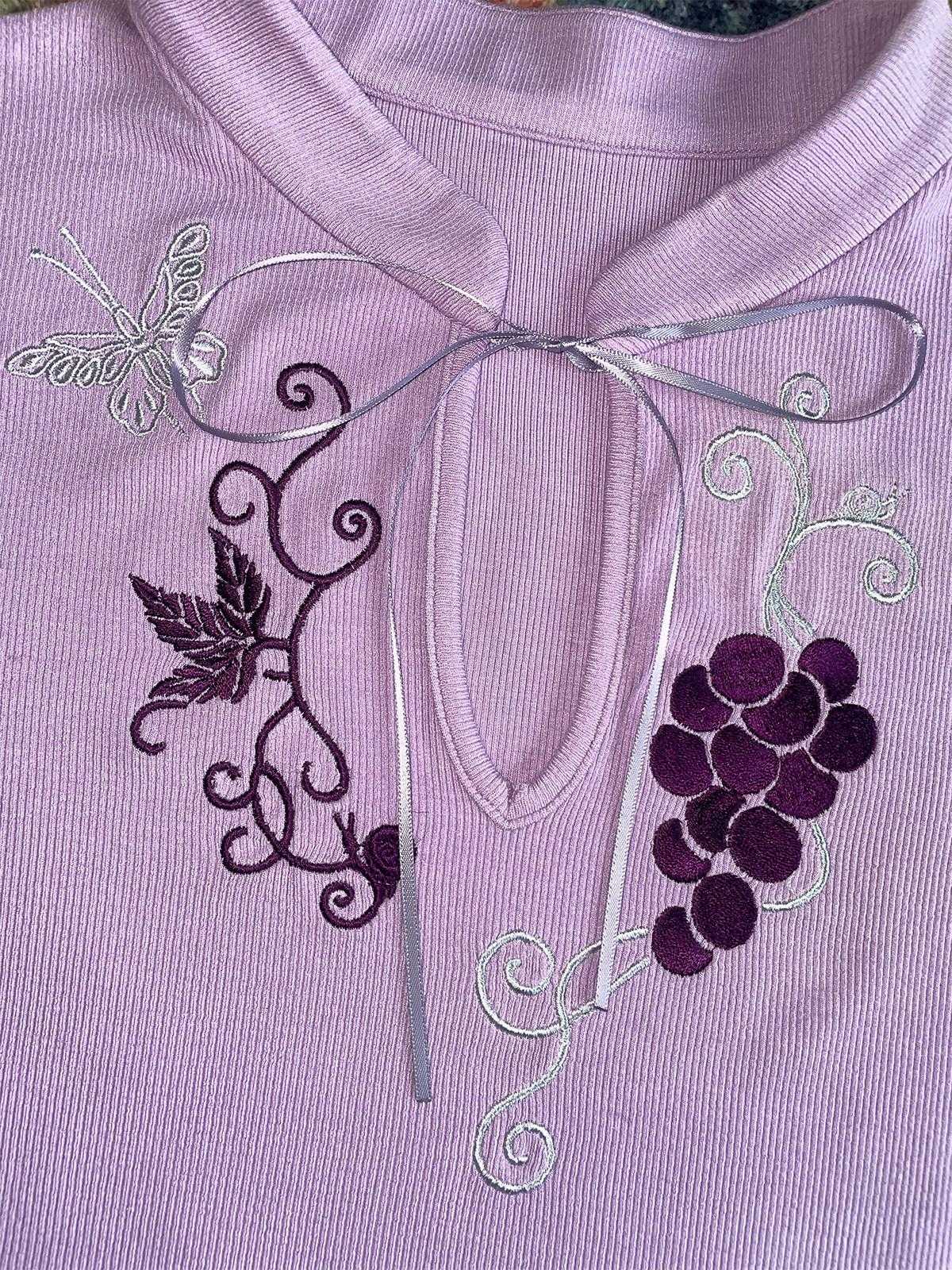 Wet Tail Cute Embroidered Ribbed Henley Purple Women Viscose Stretch Short Sleeve T-Shirts