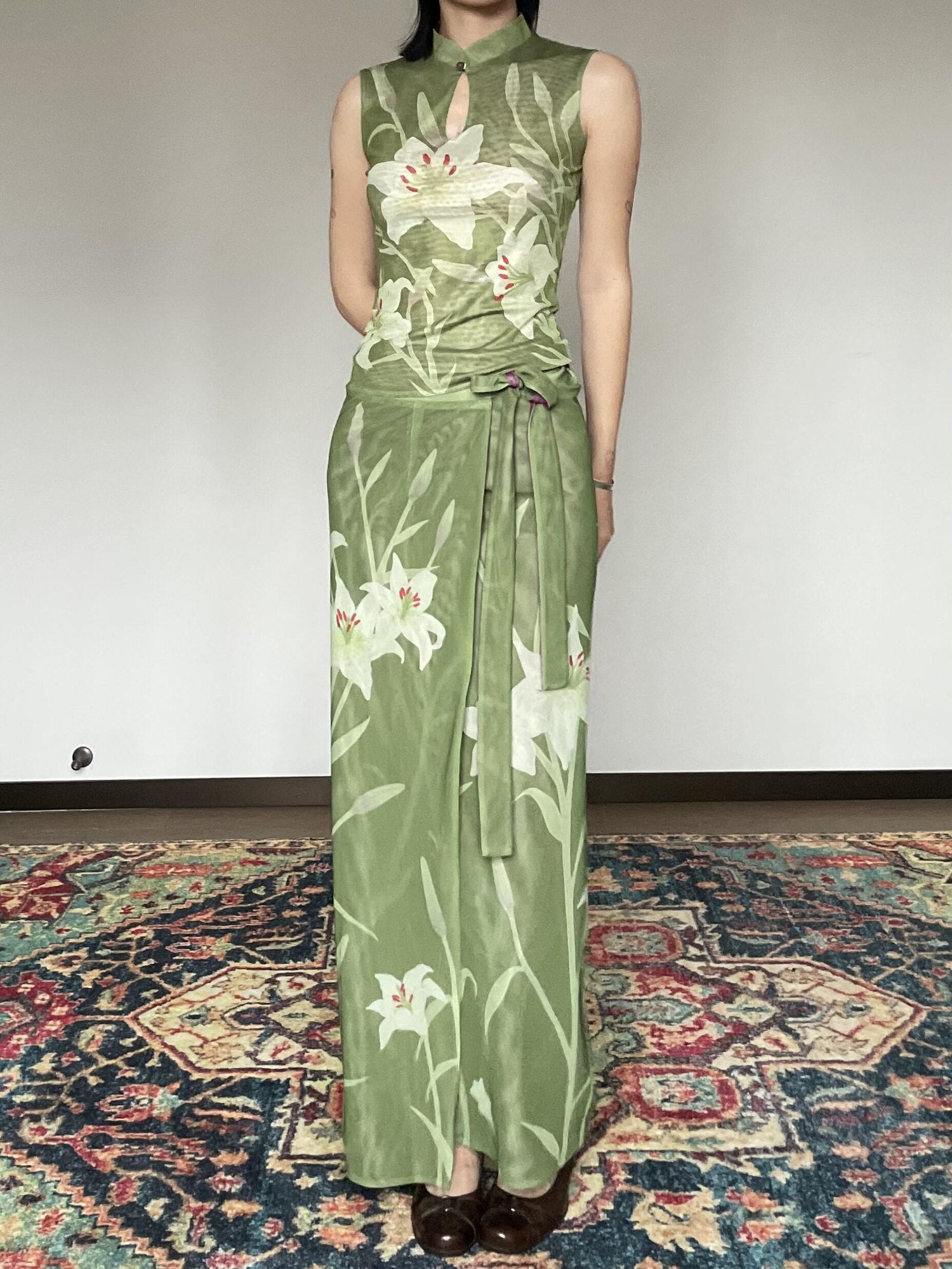 Wet Tail Elegant Chinese Floral Print Slim Fit Mid Waist Women Casual Travel Maxi Skirts