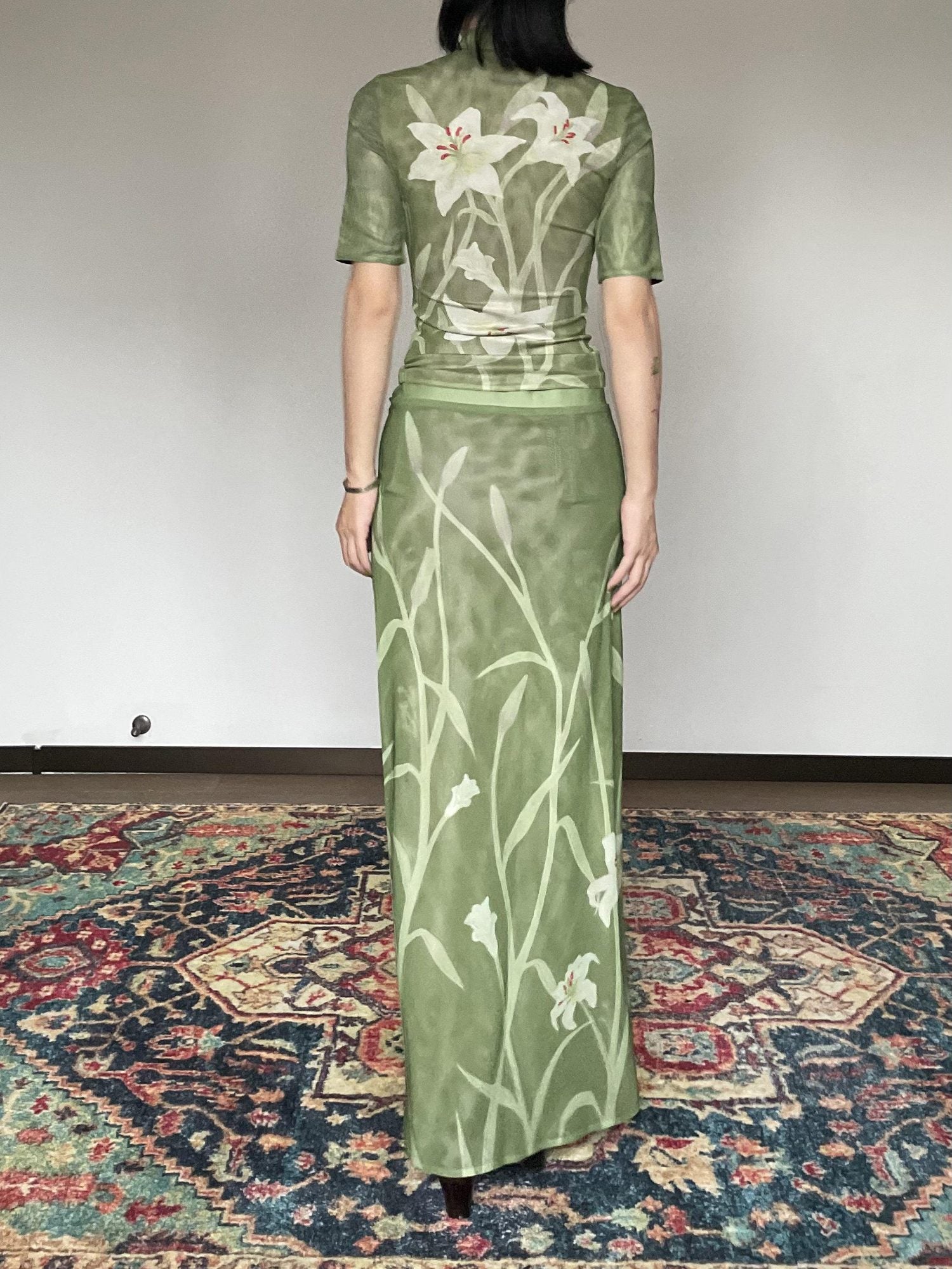 Wet Tail Elegant Chinese Floral Print Slim Fit Mid Waist Women Casual Travel Maxi Skirts