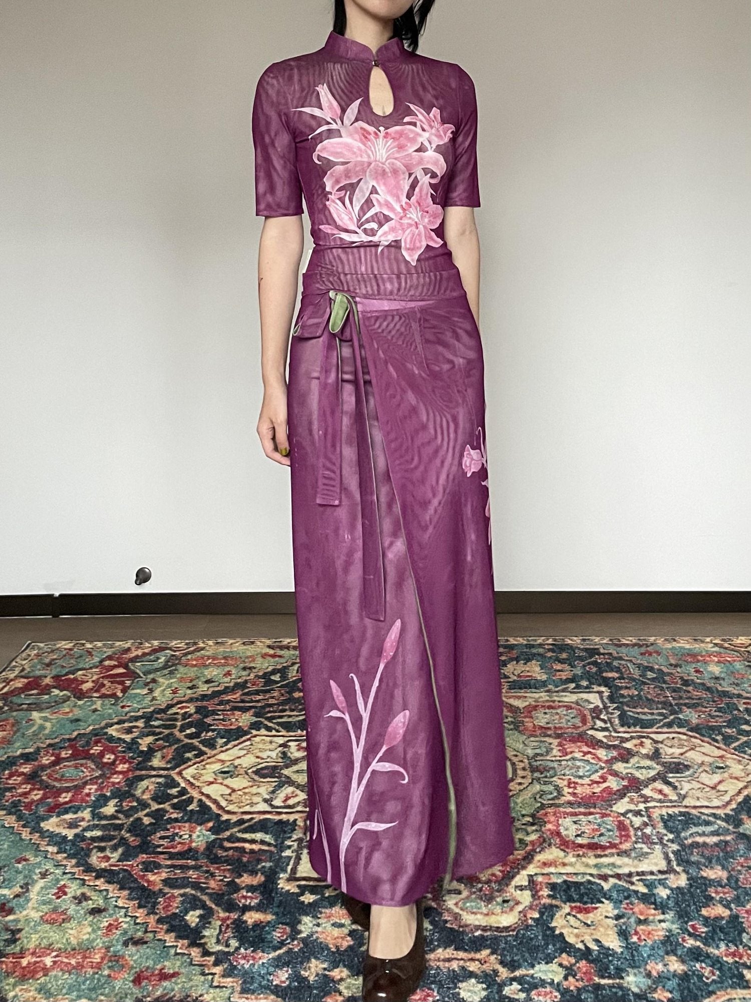 Wet Tail Elegant Chinese Floral Print Slim Fit Mid Waist Women Casual Travel Maxi Skirts