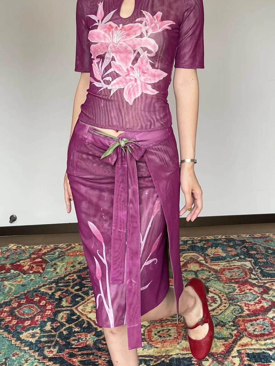 Wet Tail Elegant Chinese Floral Print Slim Fit Mid Waist Women Casual Travel Maxi Skirts